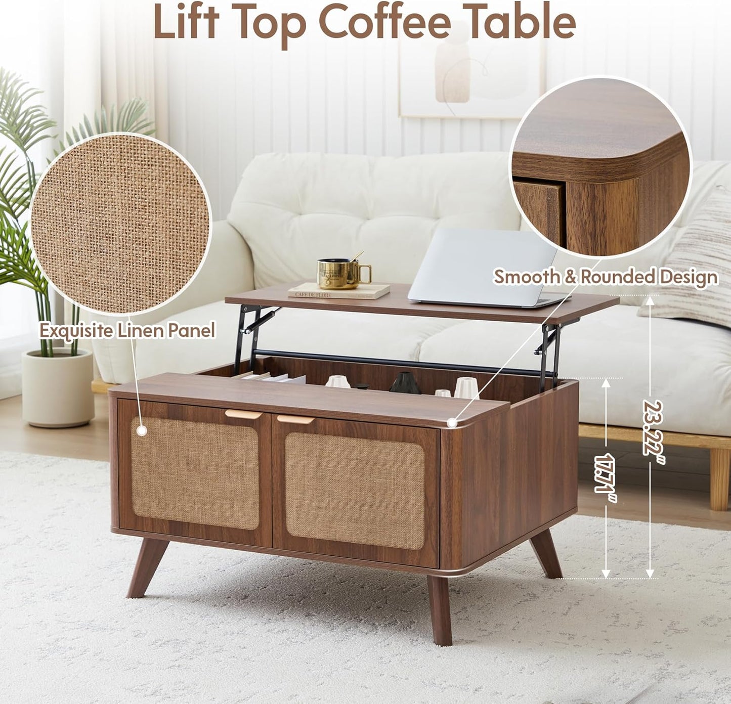 AVZEAR Lift Top Coffee Table with Storage, Mid Century Modern Coffee Table with Nature Linen Doors & Large Hidden Storage, Rounded Corners Center Table Farmhouse Coffee Tables for Living Room, Walnut