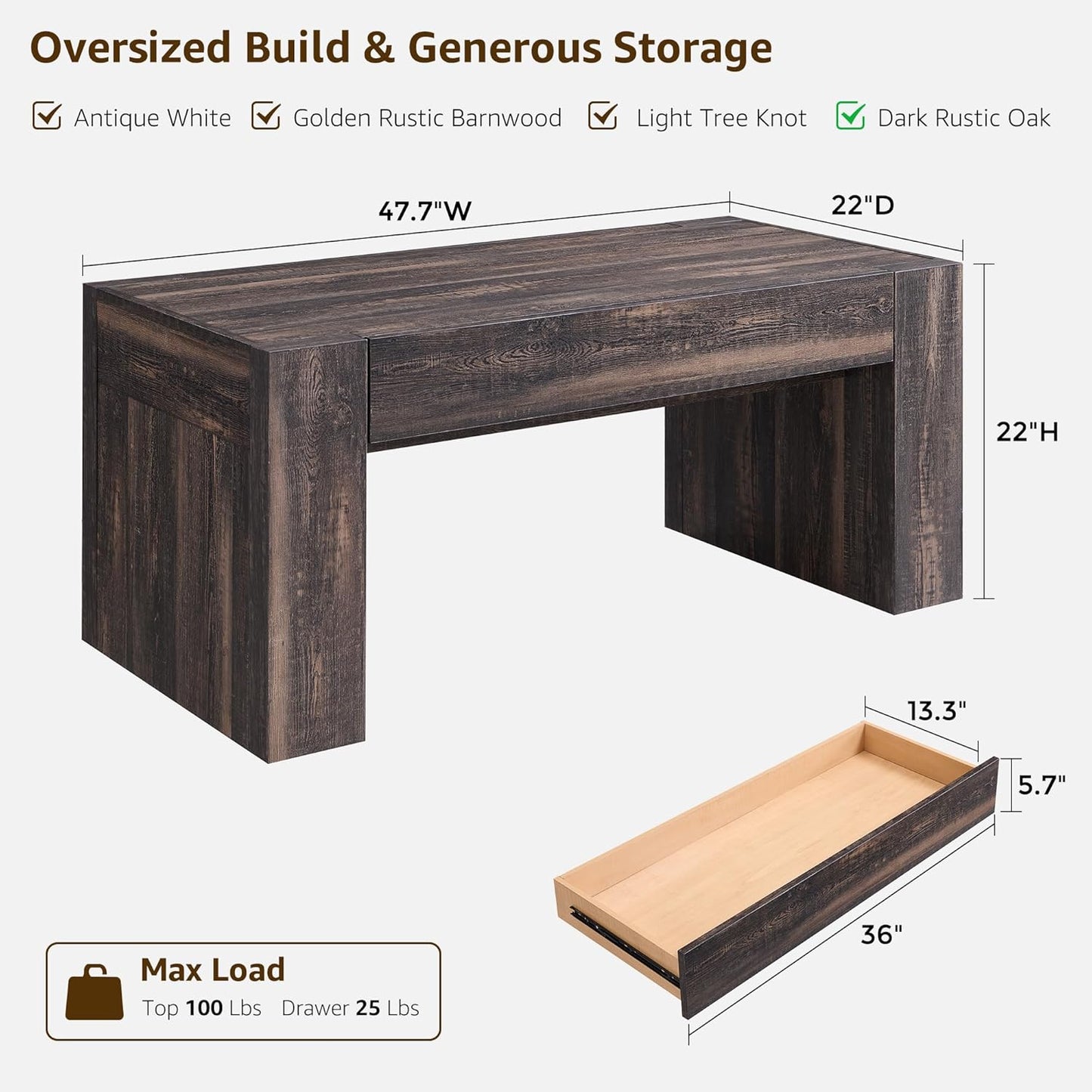 OKD 48" Modern Farmhouse Coffee Table, Wooden Living Room Table with Hidden Storage Drawer, Rustic Rectangular Center Tables w/Wood Thick Design for Living Room, Office, Dark Rustic Oak
