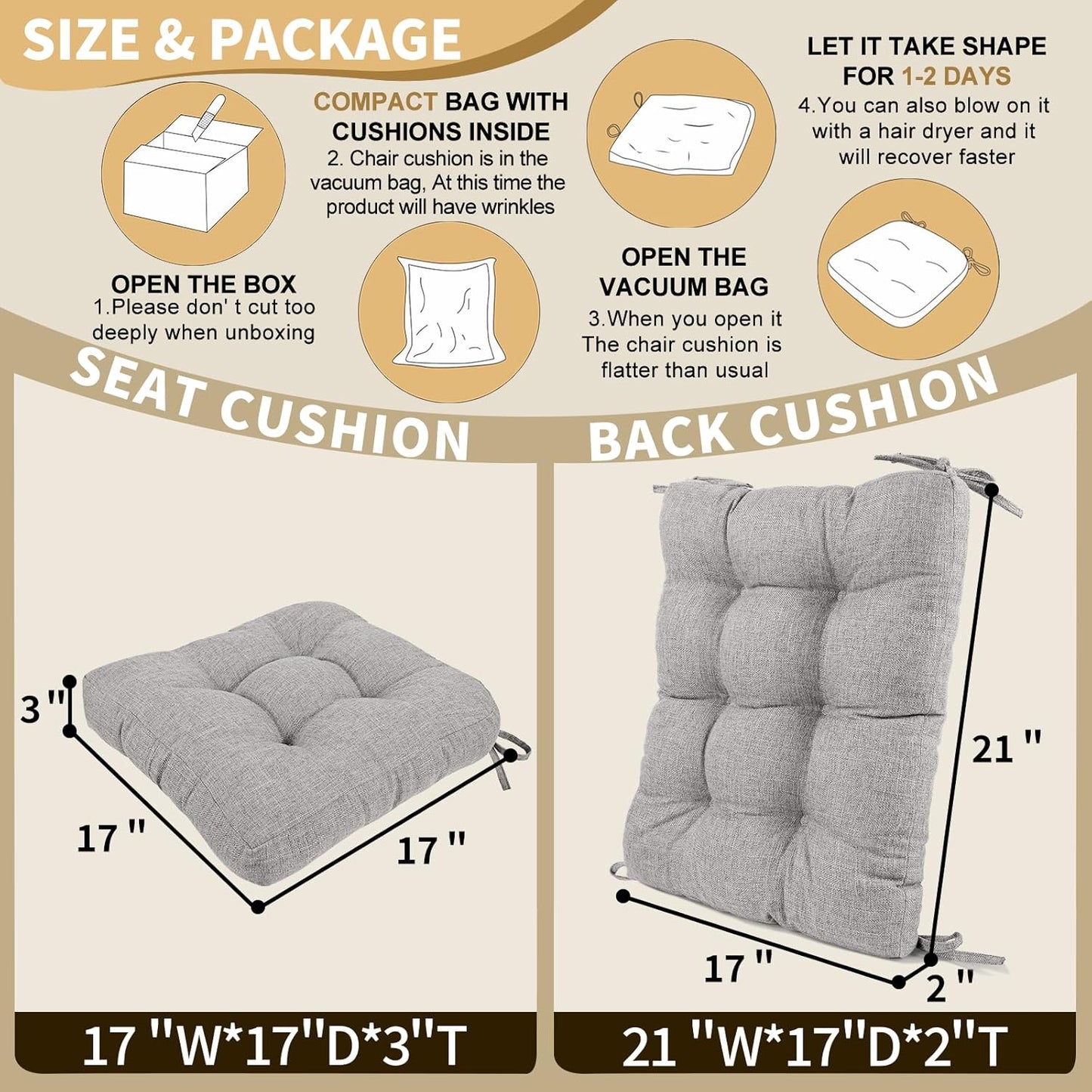 BUYUE Chair Cushion Set for Rocking Chair, Back Pillow & Seat Cushion with Ties, Original Woven Fabric Non-Slip Chair Pads for Elderly Sitting, Light Gray