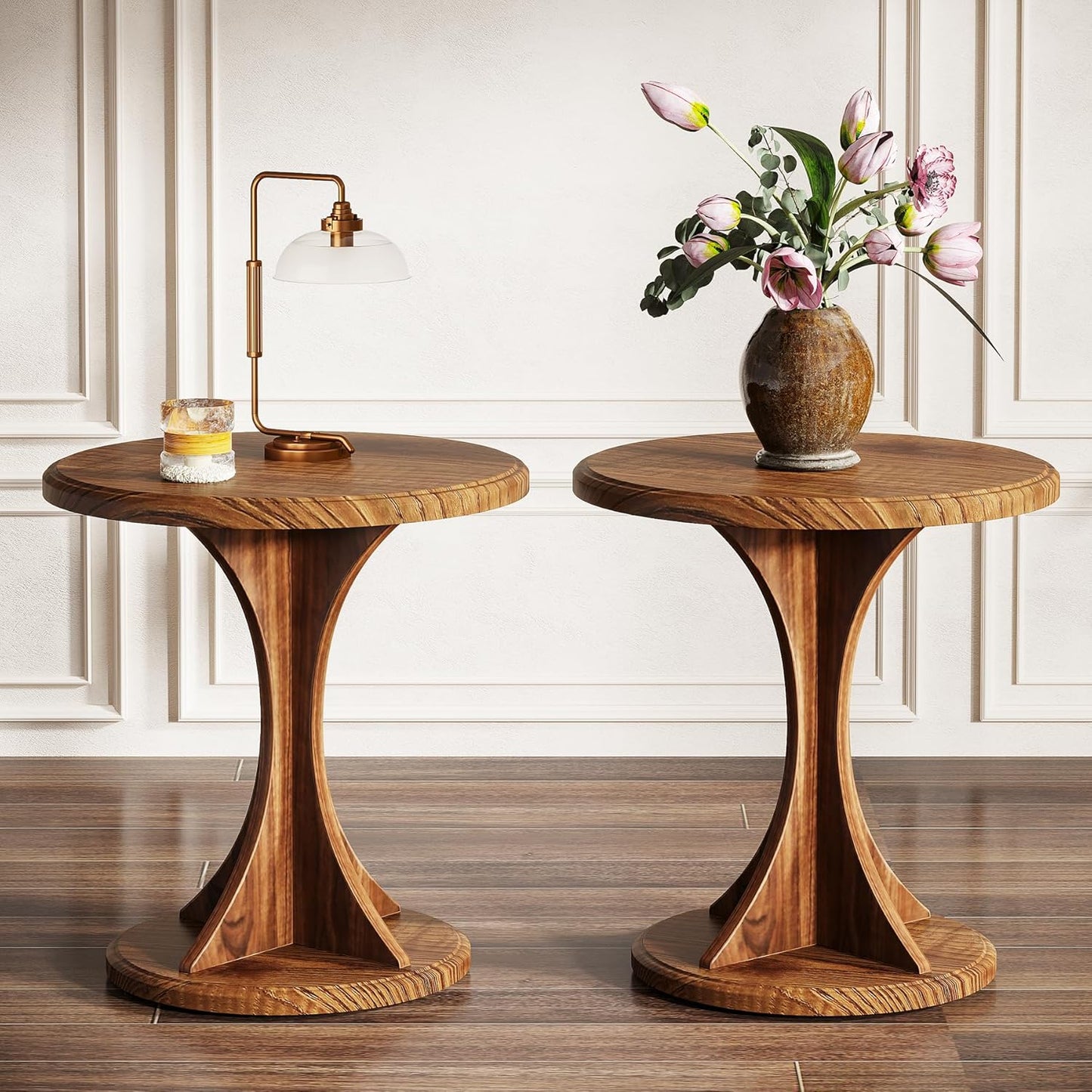 Tribesigns Round End Table for Living Room, Wood Side Table Set of 2, Mid-Century Bedside Nightstand for Bedroom, Accent Table, Easy Assembly, Vintage Brown