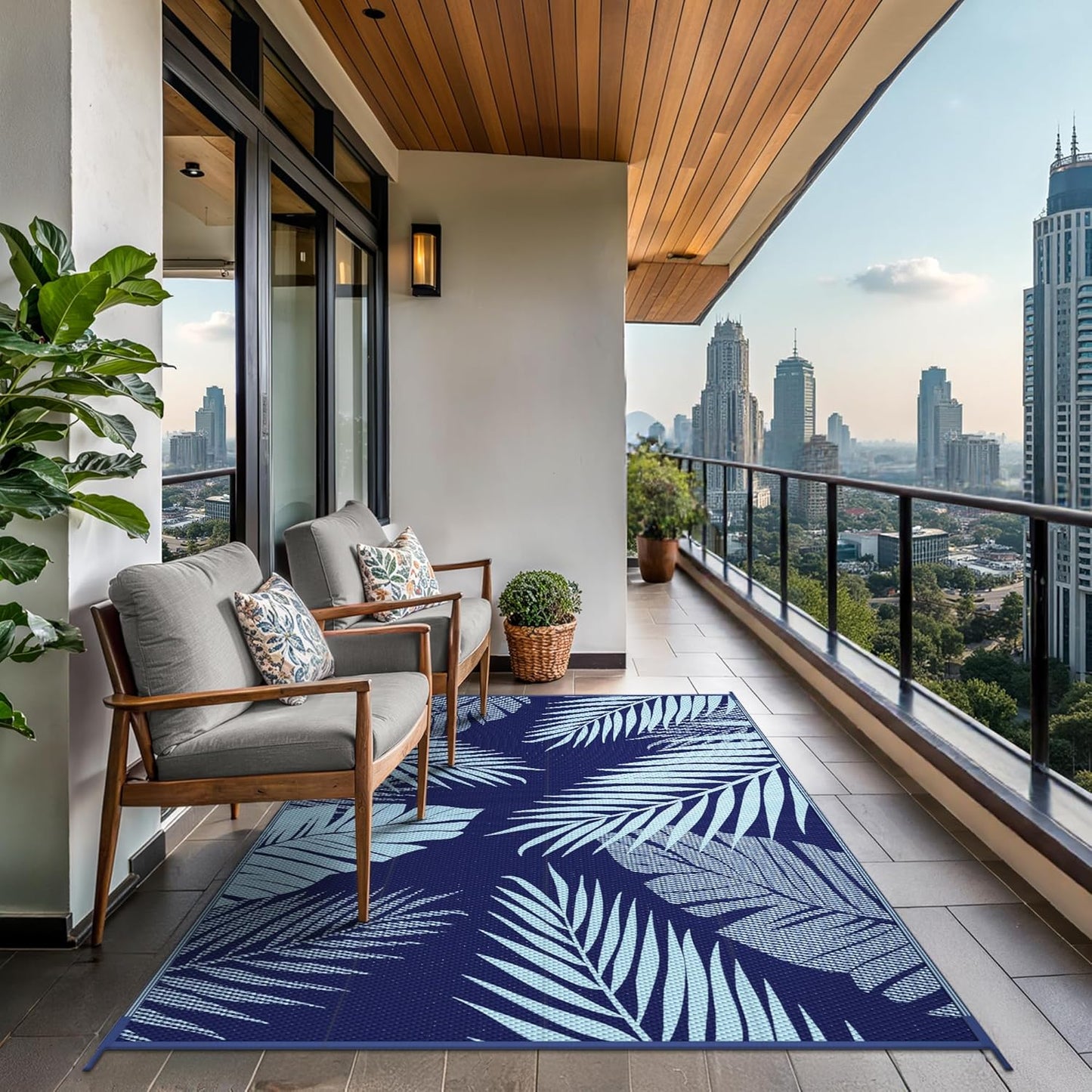 GENIMO Outdoor Rug 6' x 9' Waterproof for Patios Clearance, Reversible Outdoor Plastic Straw Camping Rug Carpet, Large Area Rugs Mats for RV, Camper, Deck, Balcony, Porch, Beach, Navy Blue&Baby Blue