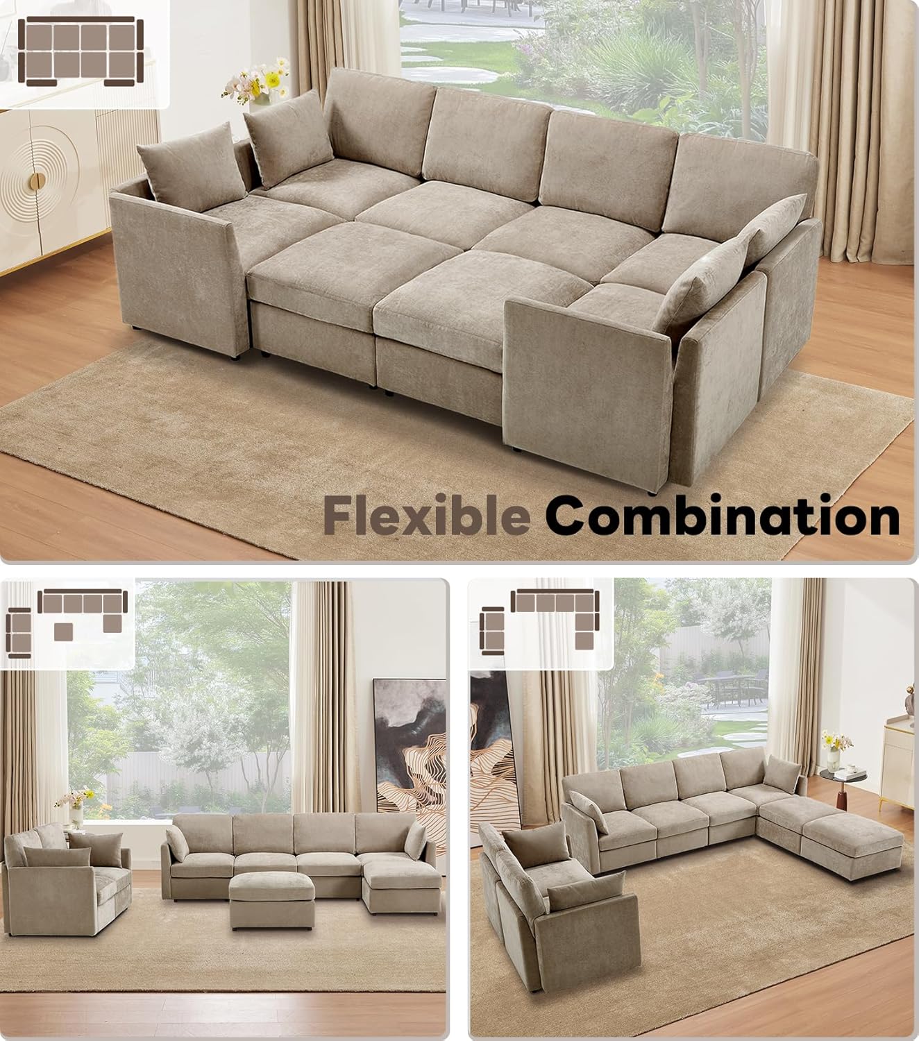 Tbfit U Shaped Couch 8 Seat, Sectional Sofa for Living Room,Chenille Cloud Couch with Ottoman, Khaki