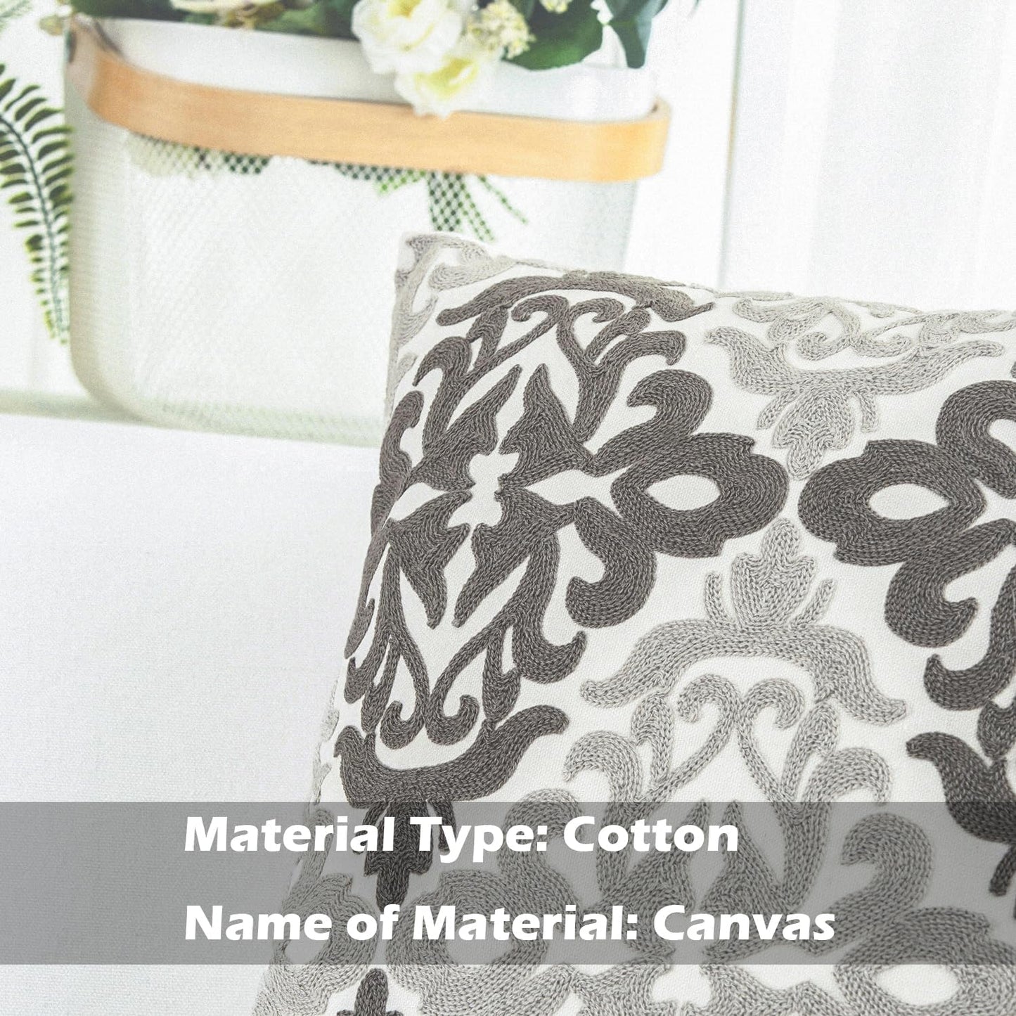 HWY 50 Grey Gray Decorative Throw Pillow Covers 18x18 Inch (1 Piece), Embroidered Cotton Farmhouse Cushion Cover Pillow Case for Sofa Couch Living Room Bed Bedroon, Floral Geometric