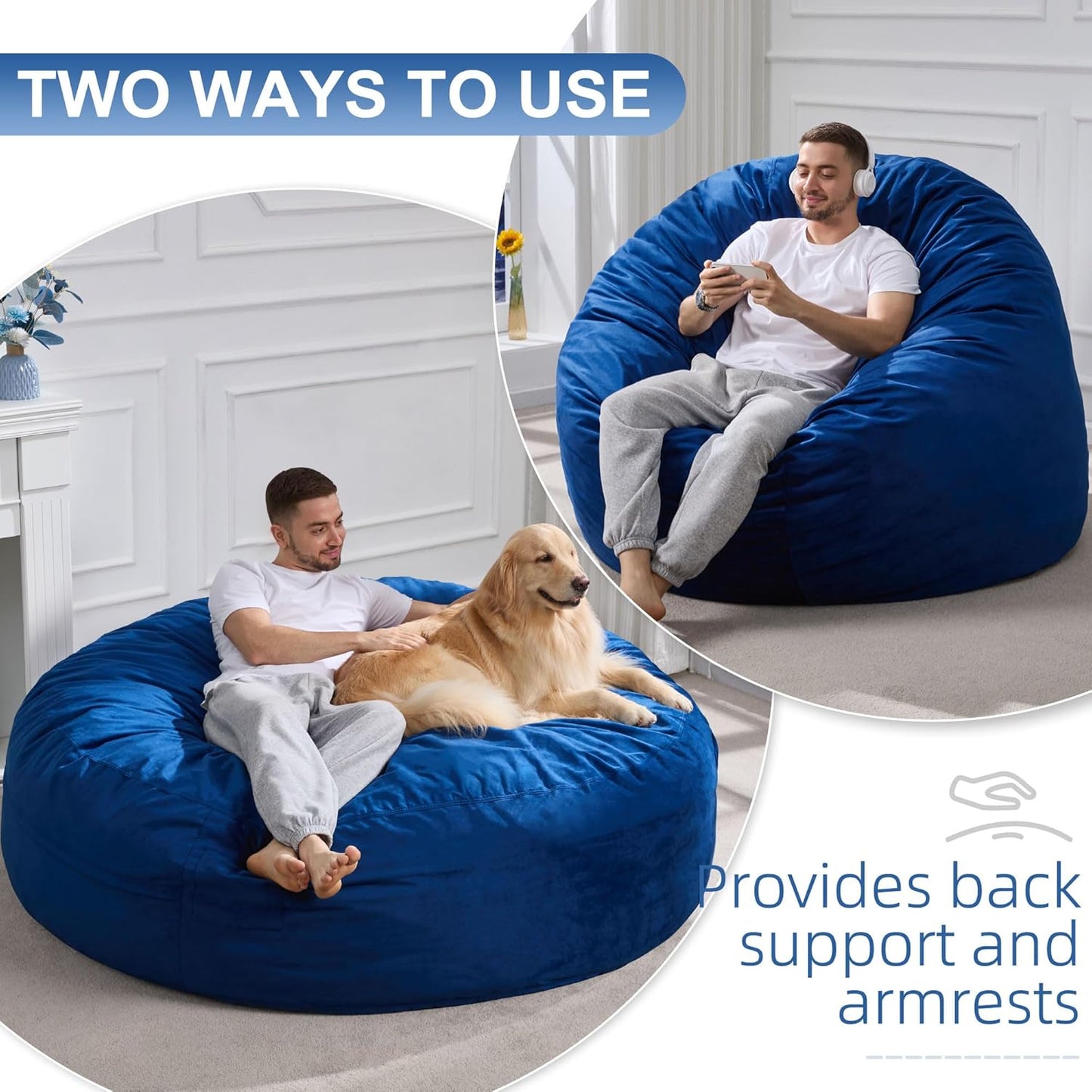 Hobestluk 6FT Bean Bag Chair Bean Bag Chairs for Adults Giant Bean Chairs with Velvet Cover, Memory Foam BeanBag Chair Fluffy BeanBag Chairs for Living Room, Bedroom- Blue (70" x 70" x 15")