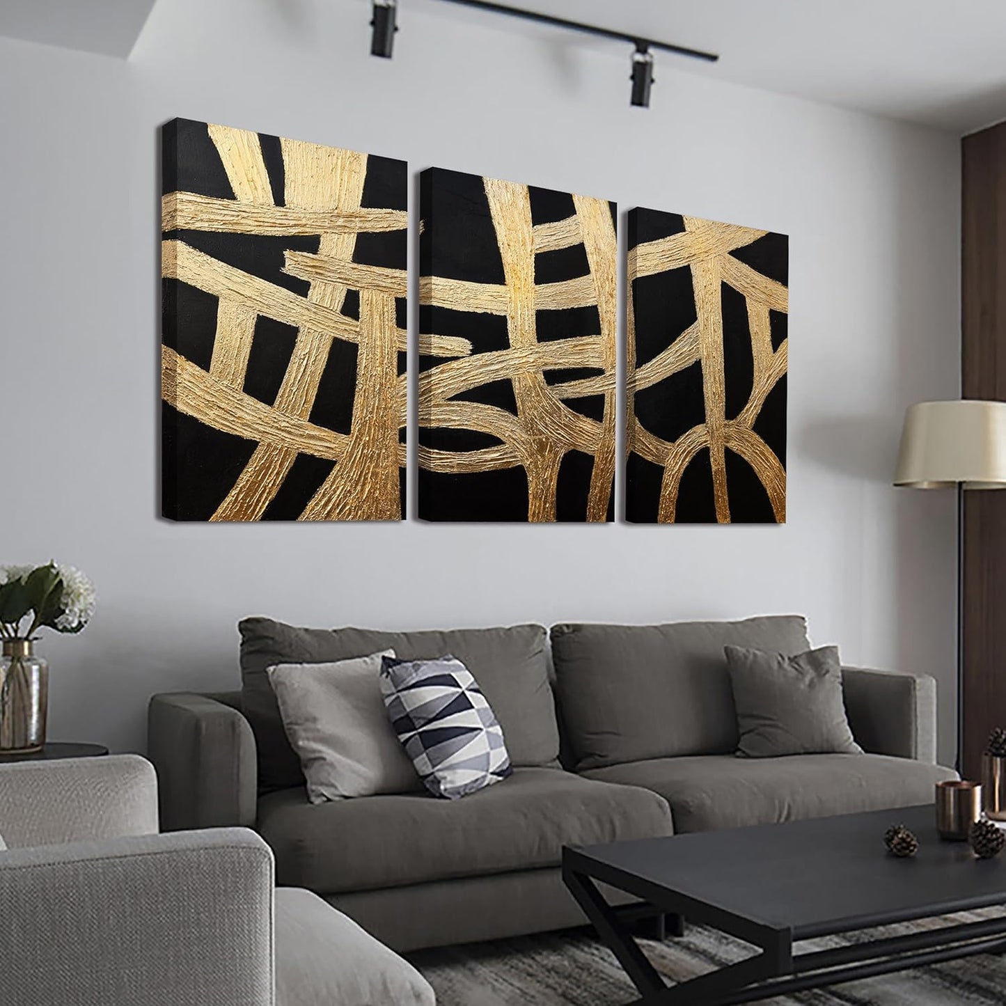 Canvas Wall Art Decor Large Wall Art Pictures for Living Room Black And Gold Wall Art Decor Artwork for Walls Abstract Textured Wall Art Prints Art Work For Room Office Home Wall Decor 24" X 36" *3pcs