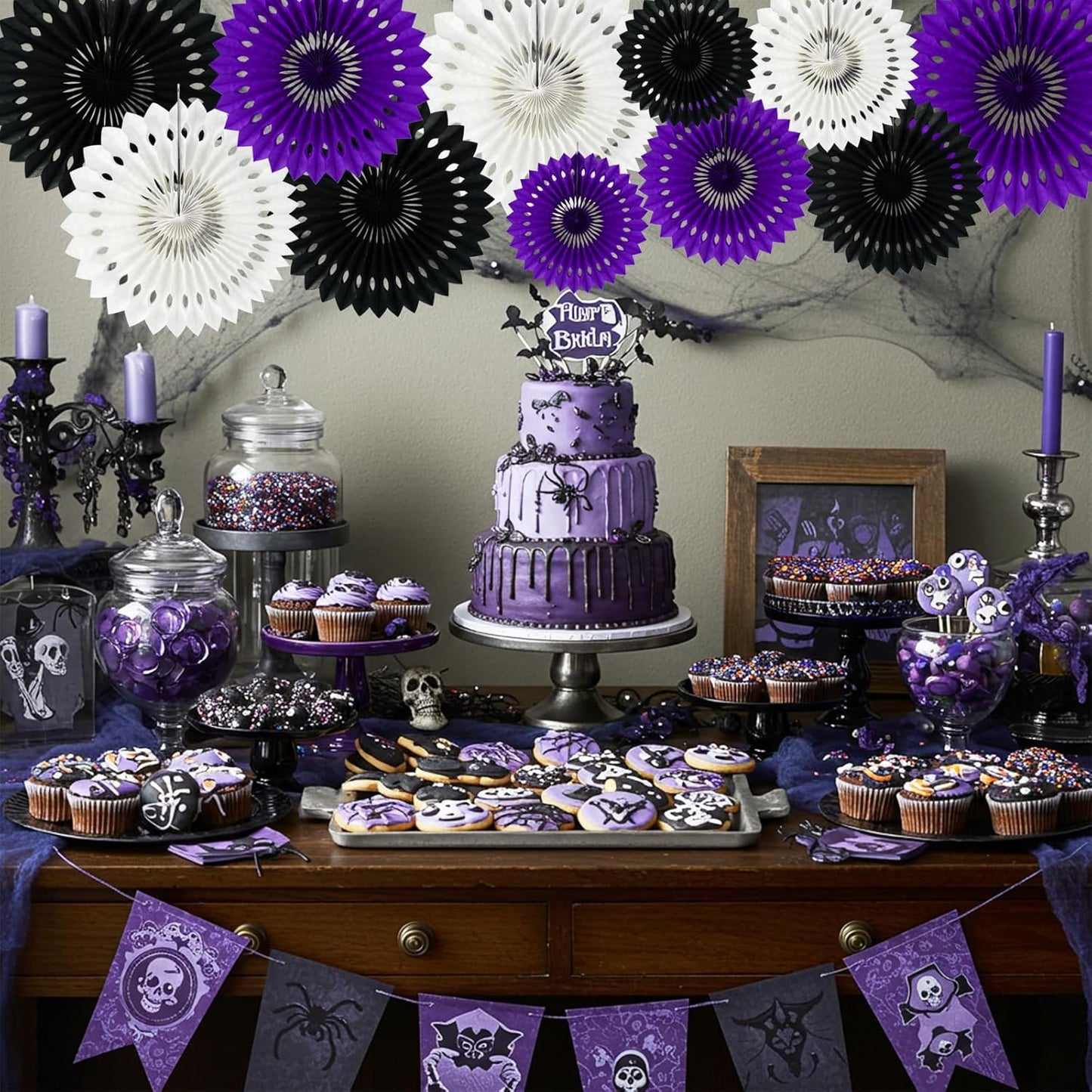 BEISHIDA Black Purple White Hanging Honeycomb Round Paper Fans Decoration Set for New Year Baby Shower Halloween Birthday Wedding Photo Booth Backdrops Anniversary Paper Party Supplies 11packs