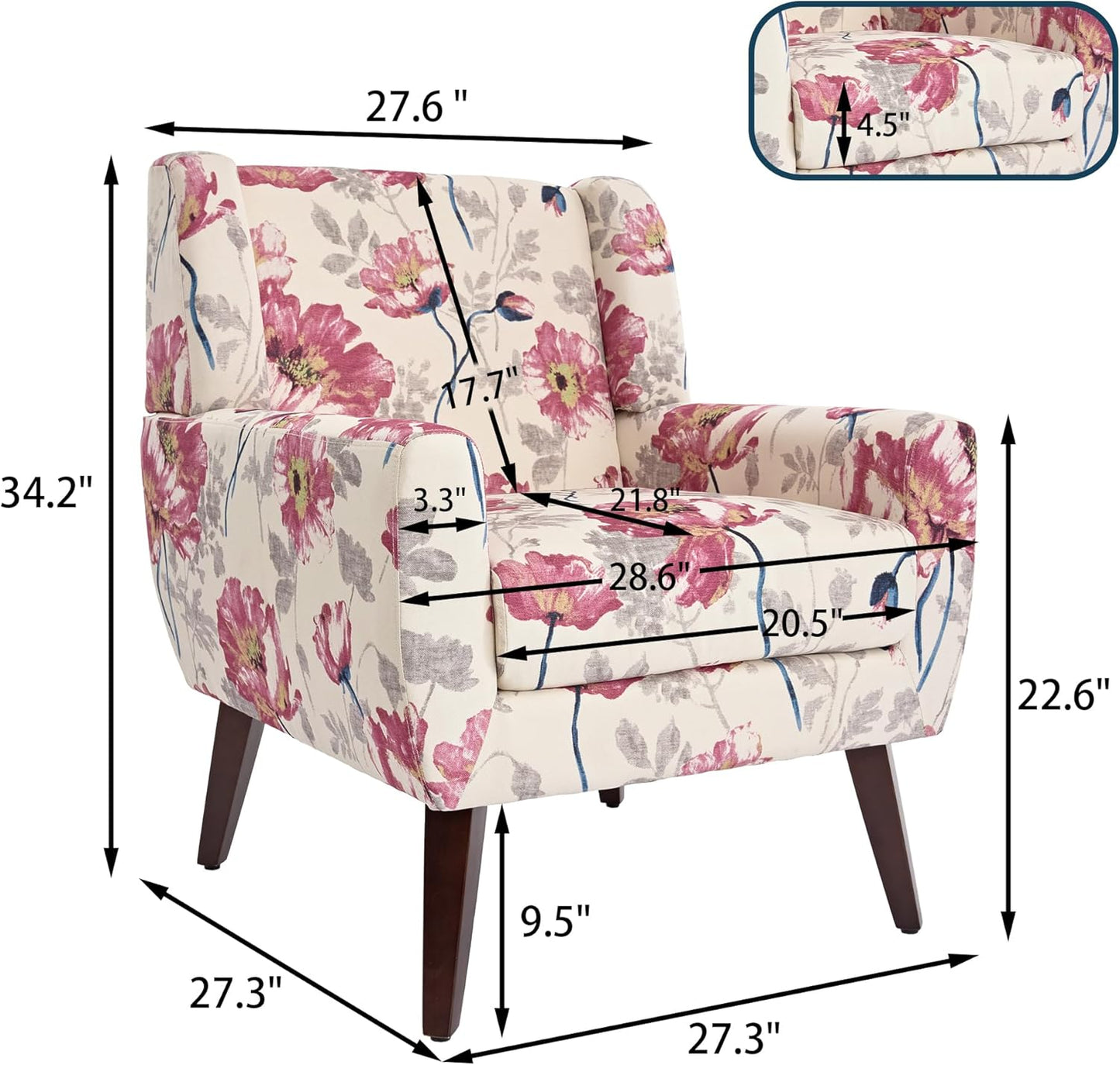 UIXE Floral Accent Chair, Modern Upholstered Armchair in Fabric for Living Room, Comfy Club Arm Chairs Single Sofa Button Tufted Bedroom Reading Seat - Pattern White, Set of 1