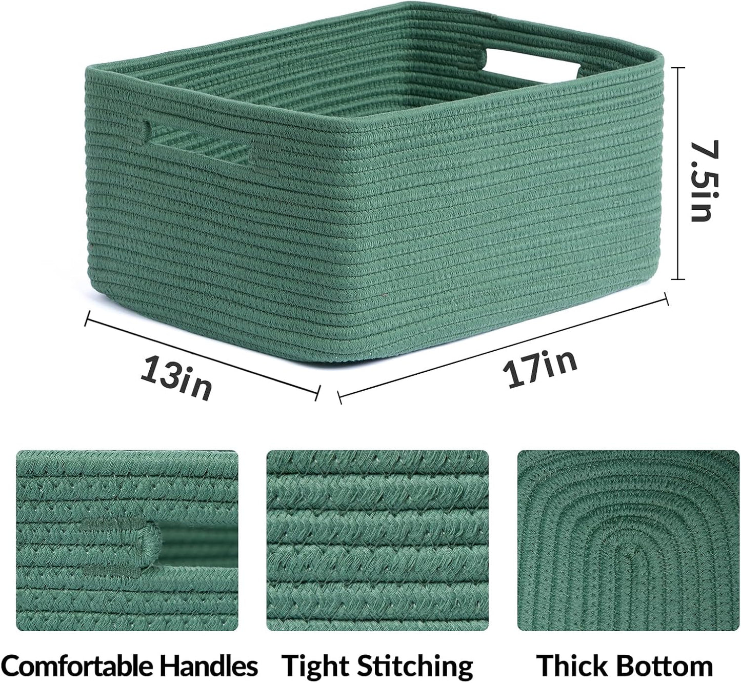 Large Storage Baskets for Organizing, Closet Shelf Baskets for Clothes Blanket Towels, Baby Nursery, Toy Bins Box, Woven Rope Baskets, 17 x 13 x 7.5”, 4 Packs Green