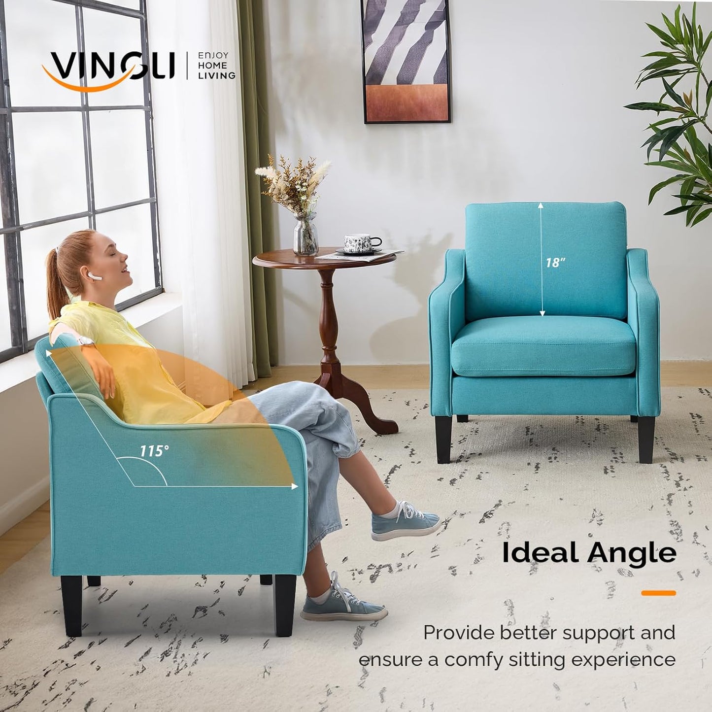 VINGLI Accent Chairs Set of 2 Living Room Chairs Teal Blue Reading Chair for Bedroom Scooped Arm Chair Mid Century Modern Accent Chairs Upholstered Comfy Chair for Apartment, Waiting Room