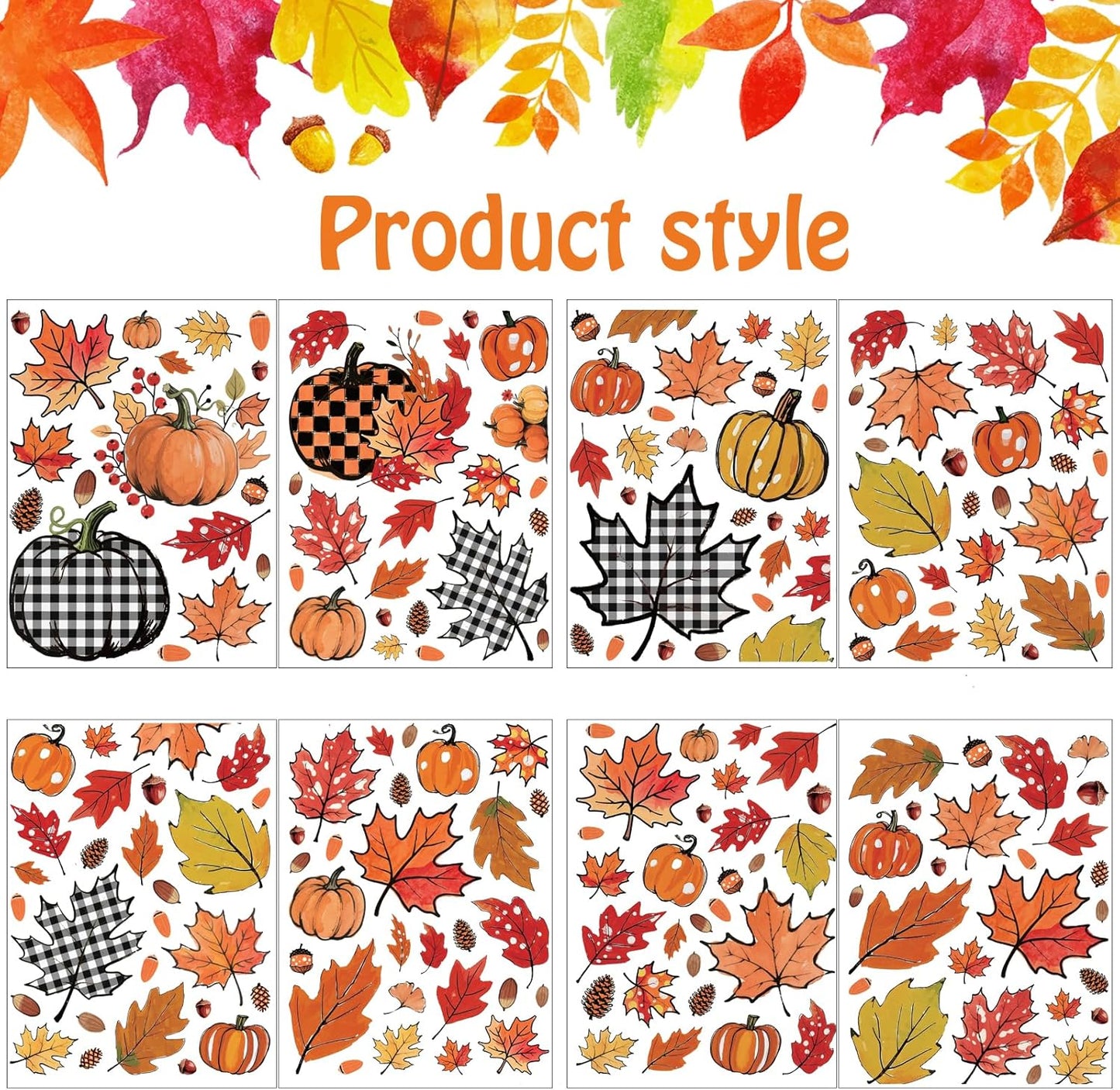 8 Sheets Fall Decorations, 178 Pcs Fall Window Clings, Double Sided Autumn Stickers with Maple Leaves Pumpkin Nuts Pine Cones for Party Thanksgiving Decor Indoor Outdoor Accessories