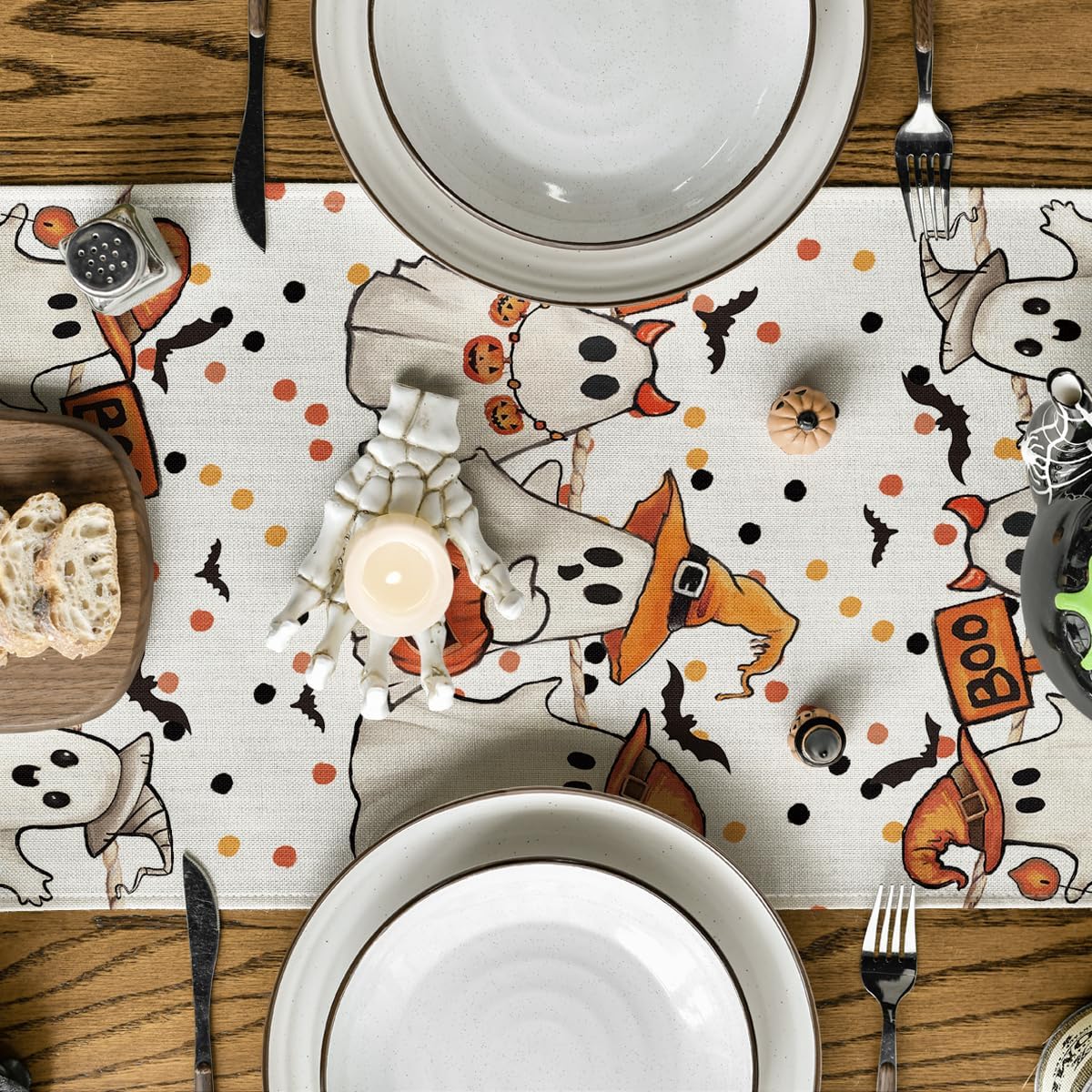 Artoid Mode Beige Ghost Jack-O'-Lantern Black Cat Halloween Table Runner,Holiday Kitchen Dining Table Decoration for Home Party Decor 13 x 72 Inch