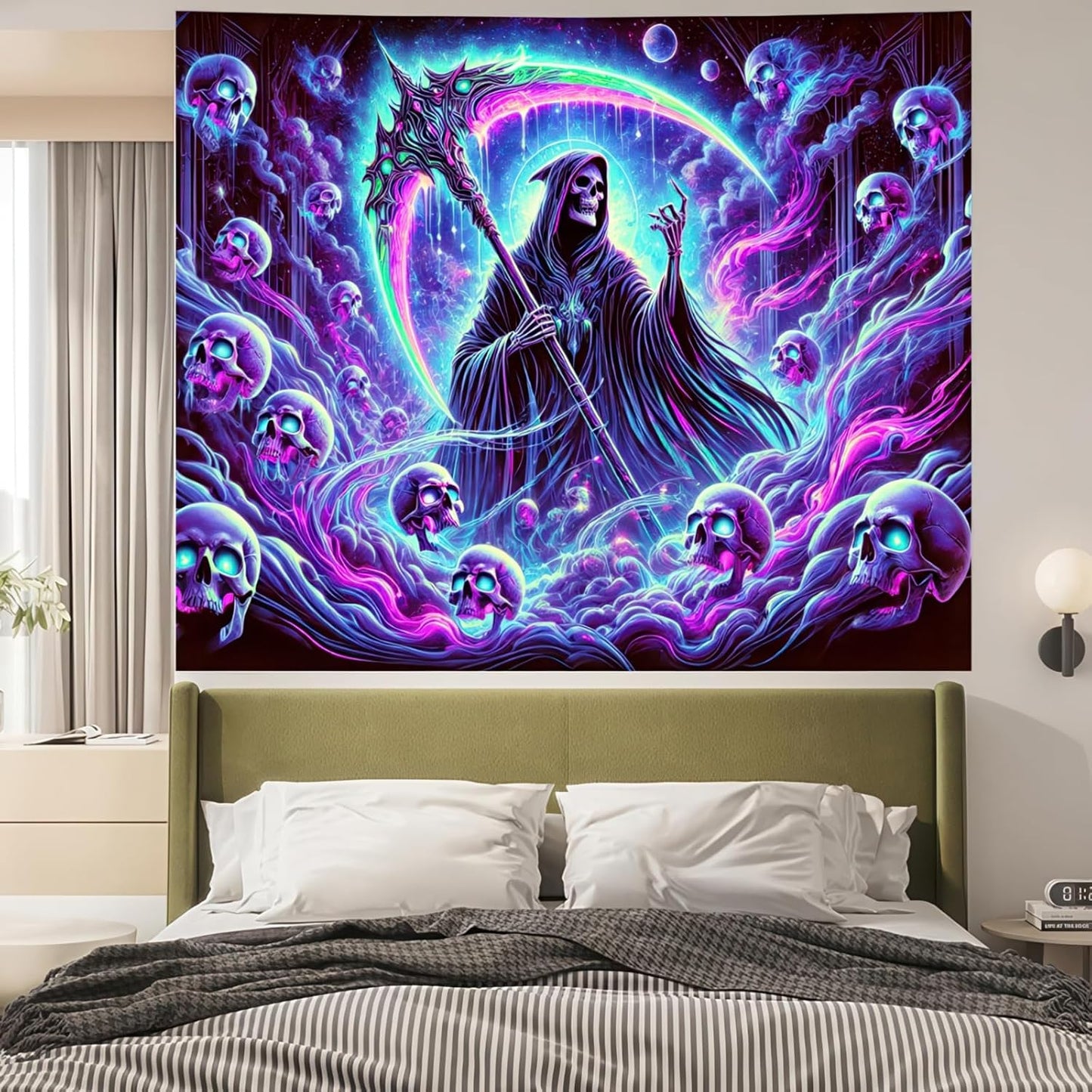 BlissYard Blacklight Skull Tapestry UV Reactive Tapestry 78x59 Inch Grim Reaper Gothic Skeleton Wall Tapestry Glowing Tapestry Large Neon Tapestry Wall Hanging for Living Room Bedroom Decor Teens