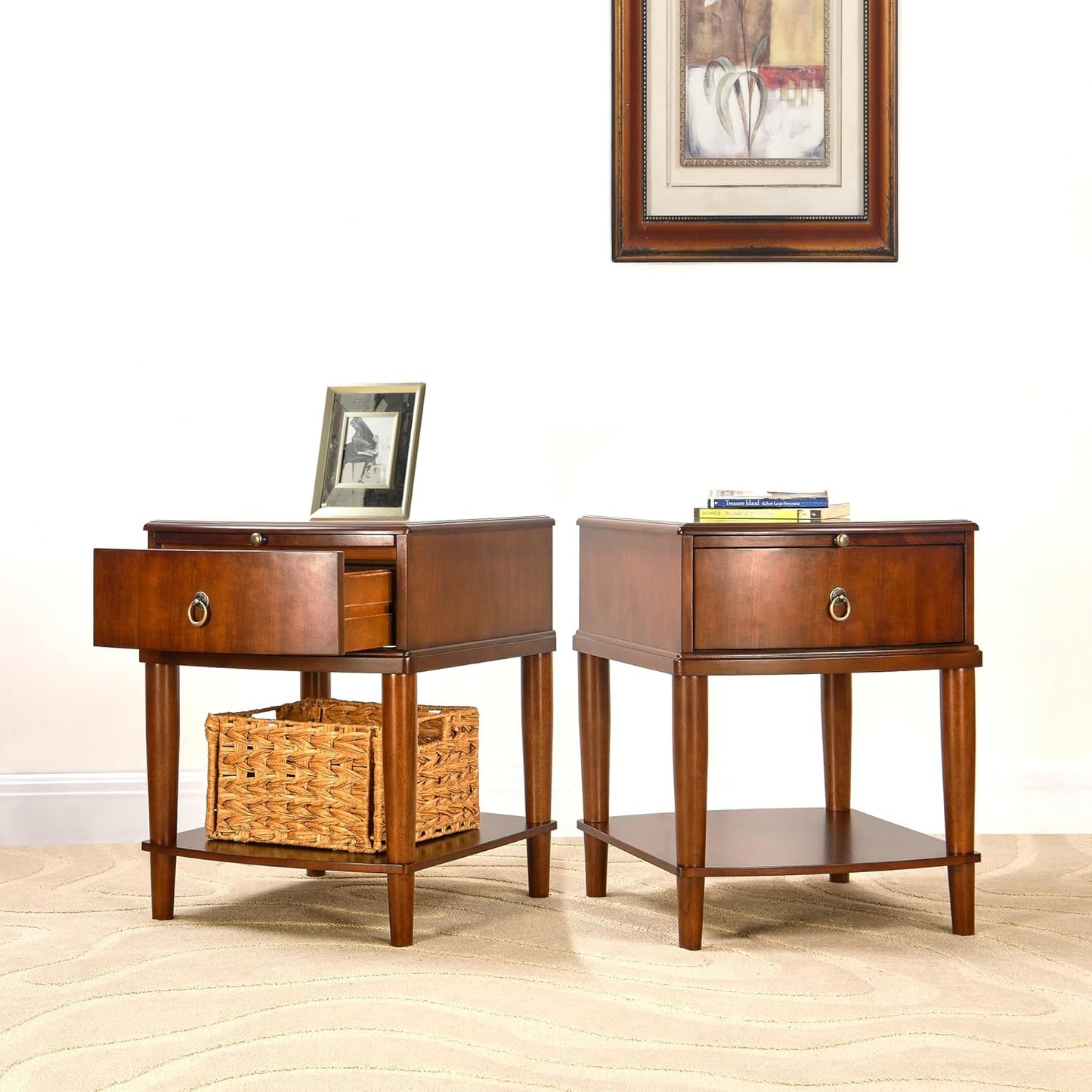 Set of 2 Solid Wood Square End Table with Drawer, 2 Tier Wooden Sofa Side Table with Sliding Shelf & Lower Shelf, Nightstand Bedside Table for Living Room Bedroom, 19.7x17.7x22.8in