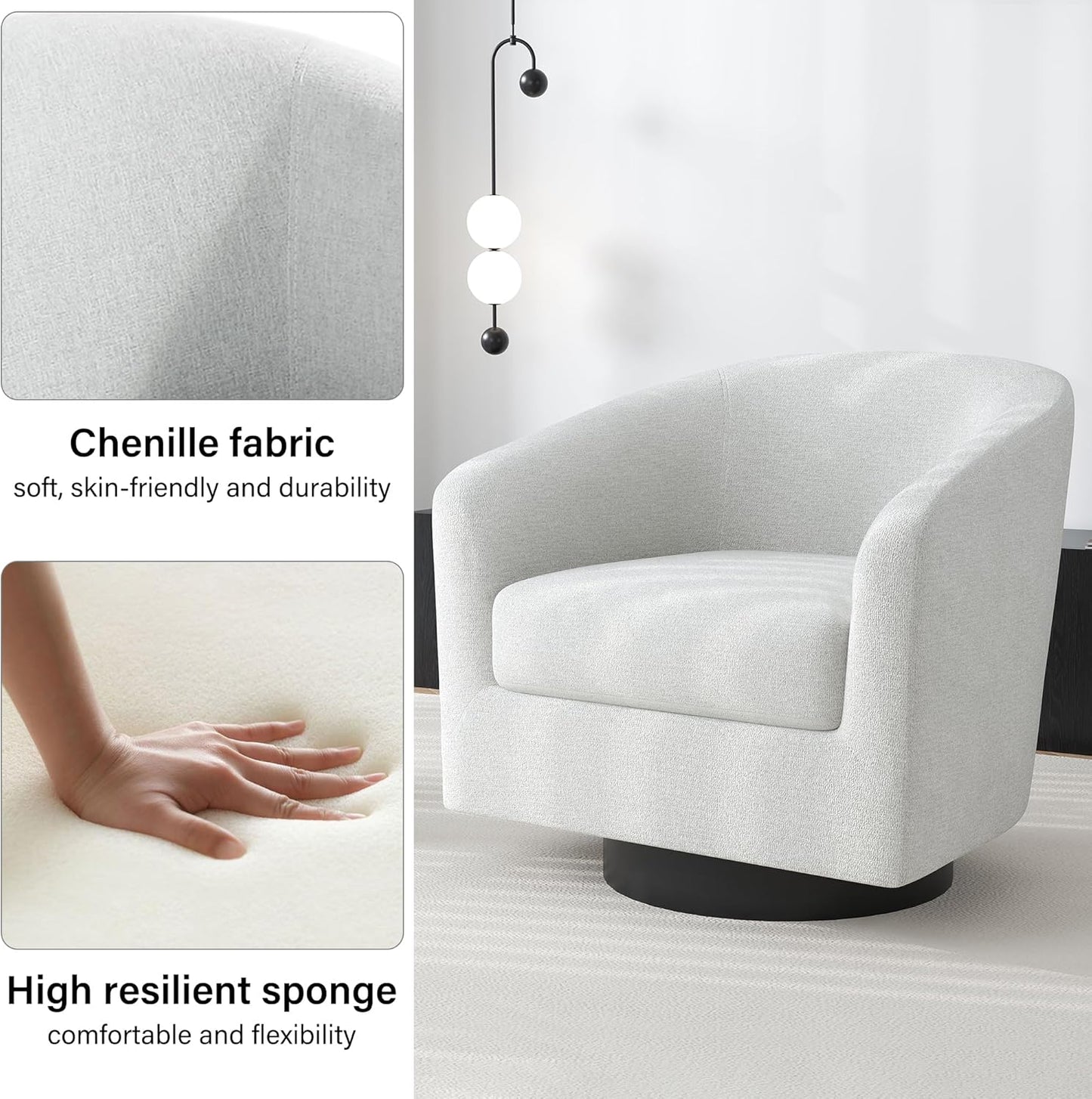 Swivel Barrel Accent Chair, Modern Round Chenille Fabric Arm Chair for Living Room, Bedroom, Comfy Club Reading Chairs for Adults（Chenille Fabric, Beige, Set of 2