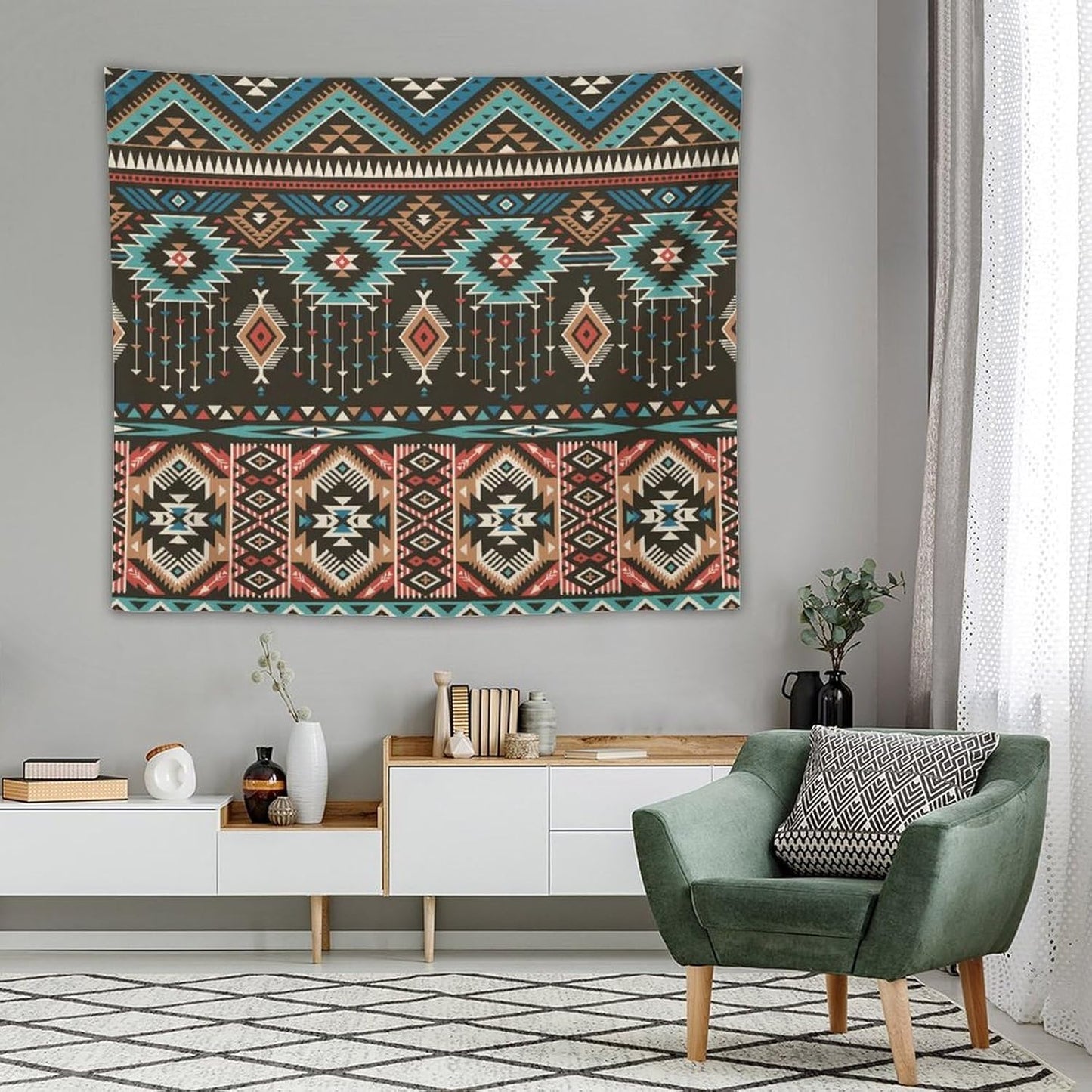 HZOHNAGO Aztec Tapestry Turquoise Blue and Brown and Native American Tribal Pattern Printed Wall Tapestry Wall Hanging for Bedroom Living Room Dorm 60" W x 50" H