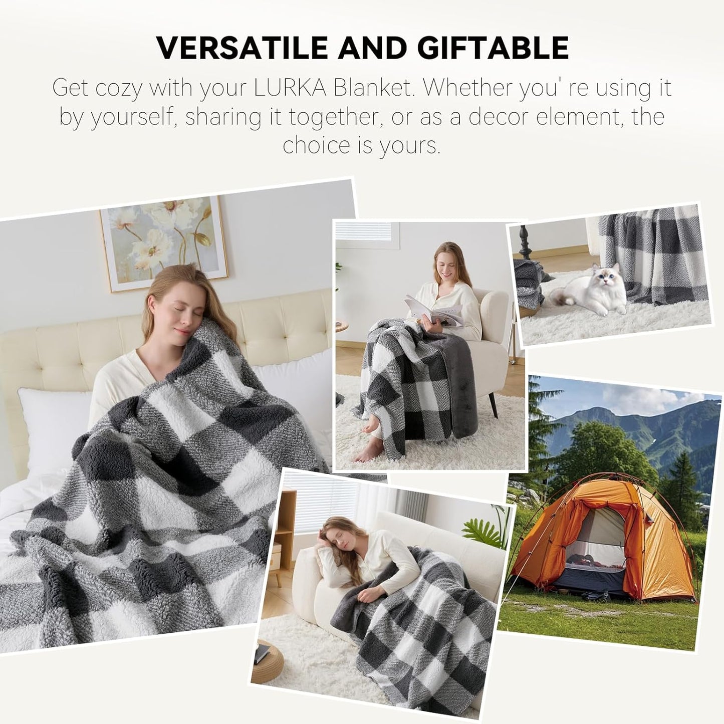 LURKA Checkered Sherpa Fleece Throw Blanket - Extra Thick and Warm Winter Soft Fuzzy Plush Blanket for Couches, Beds & Pets, Smoke Grey, 50x60 Inches