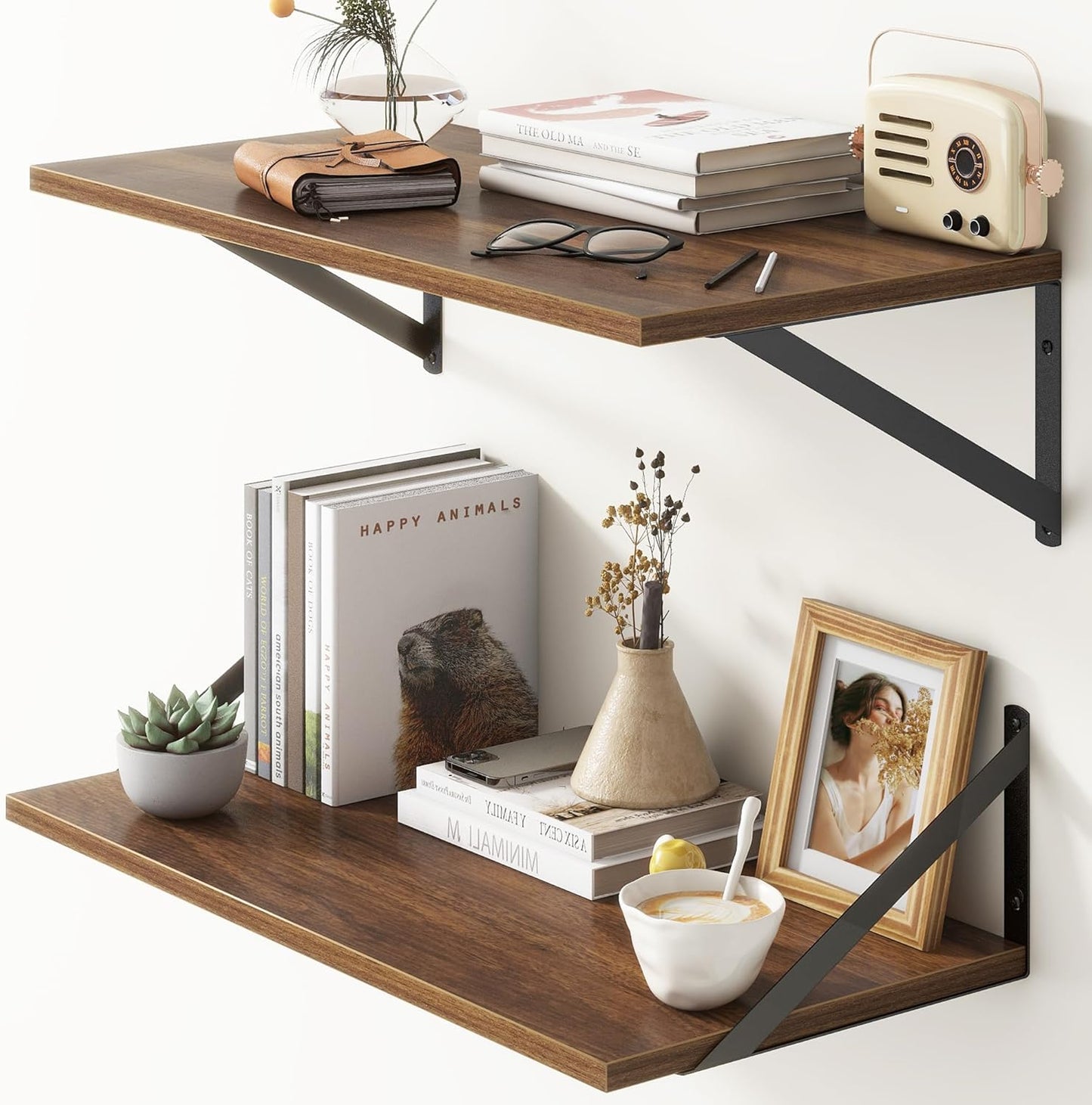 Deep Floating Shelves, 12 Inch Deep Floating Shelves for Wall, 24"W x 12"D Wall Shelves for Books, Large Rustic Wooden Shelf, Wide Display Shelf for Bathroom, Living Room, Walnut Color, Set of 2