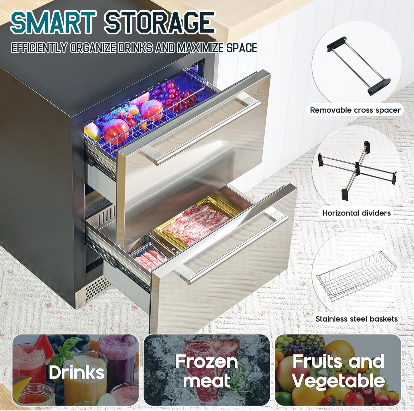Albott 24 Inch Under Counter Drawer Fridge – Stainless Steel Dual-Zone Beverage Refrigerator with LED Touch Control, Adjustable Storage, Frost-Free, Low Noise, 37℉-50℉, -0.4℉ to 37℉