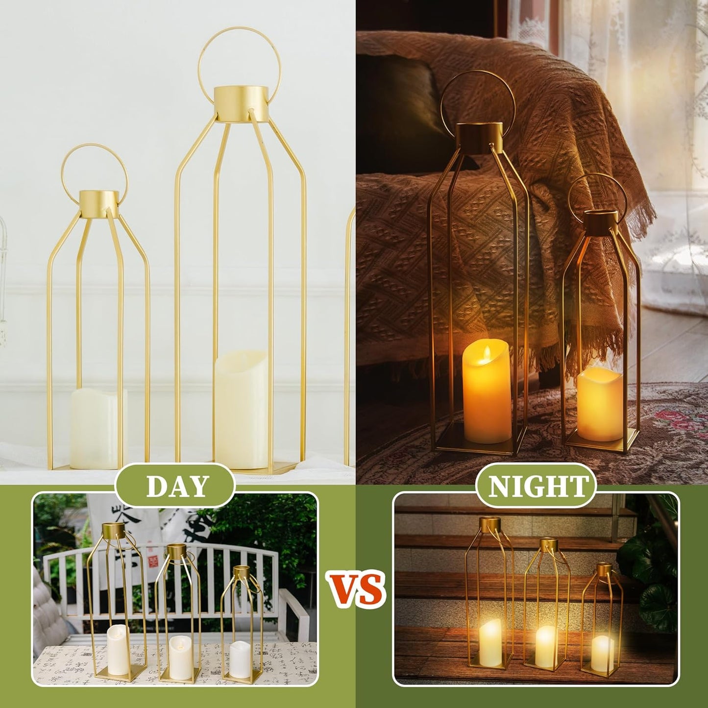 HPC DECOR Modern Farmhouse Lantern Decor- 22''19''16''Tall Large Gold Metal Candle Lanterns for Home Decor-Lanterns Decorative w/Timer Flickering Candles for Living Room,Outdoor,Fireplace Mantle Decor