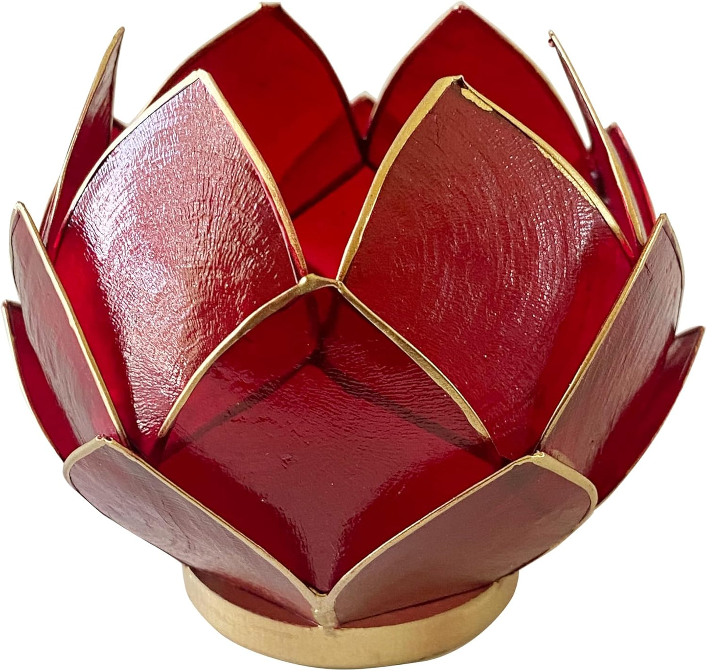 Blooming Lotus Capiz Shell Tealight Candle Holder, Handcrafted Decorative Tea Light Candleholder with Translucent Flower Petals for Ambient Illumination and Natural Elegance, Red