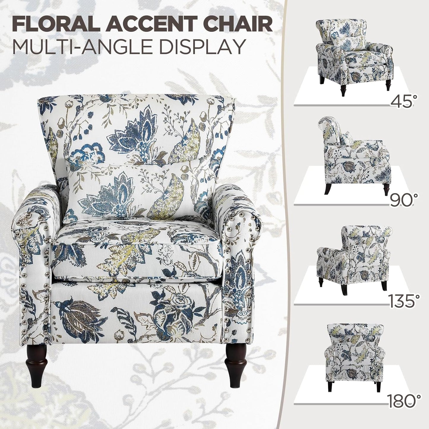 Wingback Accent Chair with Removable Pillow, High Back Floral Armchair with Solid Wood Legs & Nailhead Trim, Comfy Upholstered Reading Single Sofa Chair for Bedroom (2, Blue Floral Pattern)