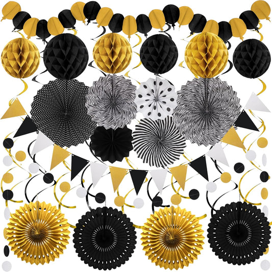 Black Gold Party Decorations, New Years Eve Party Supplies Easy Assembly Paper Fan Honeycomb Ball Garland Hanging Swirl for Graduation Congrats Grad Birthday Happy New Year Party