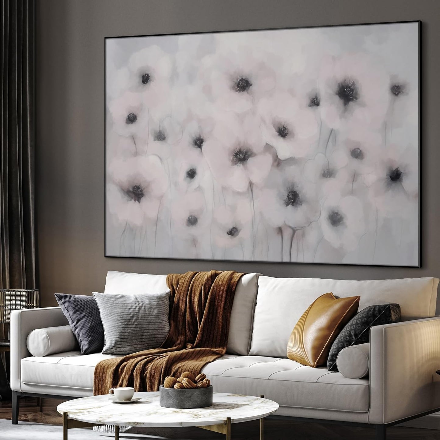 46"x60" Extra Large Framed Wall Art Soft White Poppies Watercolor Floral, Delicate Botanical for Home Living Room Bedroom Decor (Frame Assembly Required)