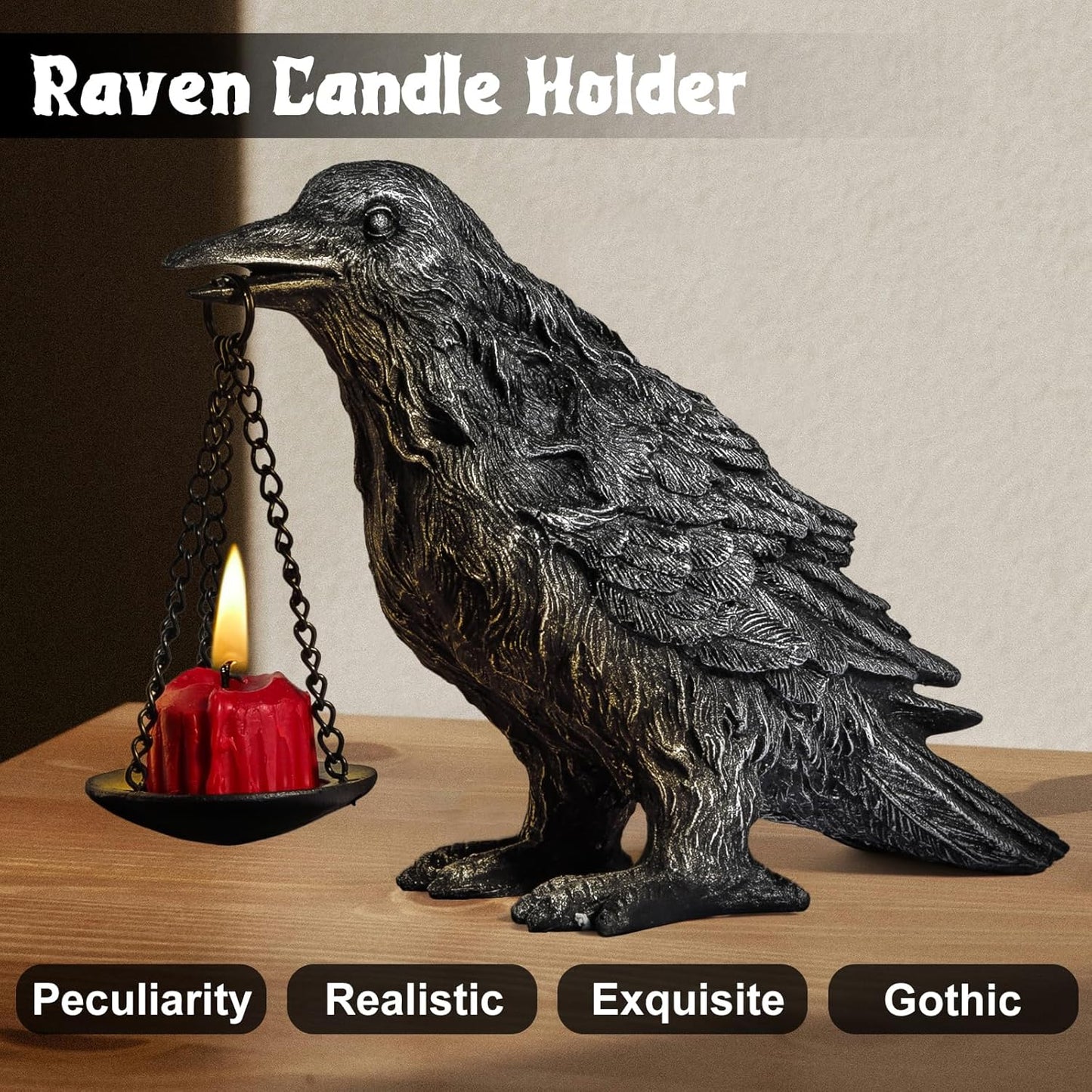 Gothic Home Decor Fake Crow Light Holder Raven Lamp Tealight Candle Holder Resin Statue Half Silver