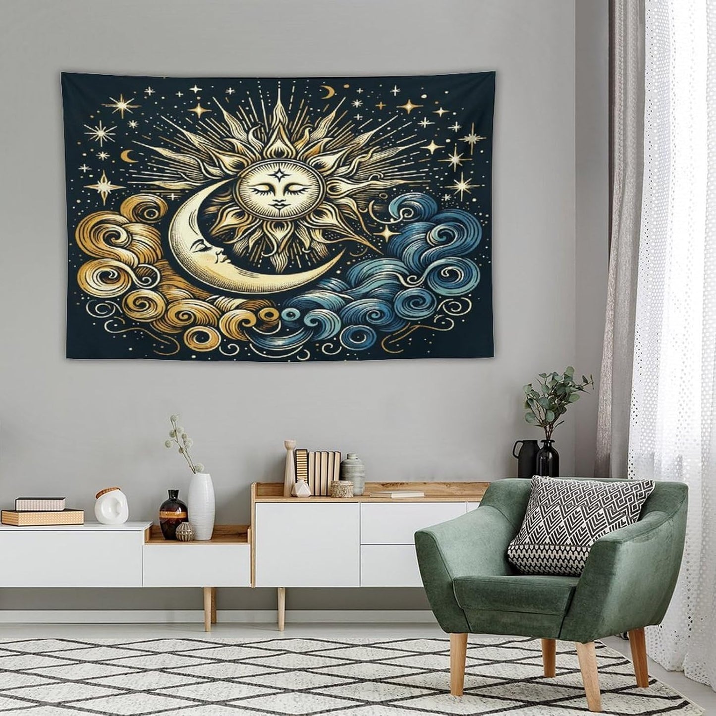 HZOHNAGO Sun Moon Tapestry Boho Golden Stars Pattern Printed Wall Tapestry Wall Hanging for Bedroom Living Room Dorm 60" W x 40" H