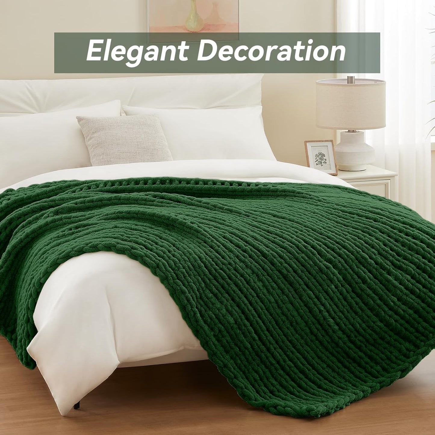 Chunky Knit Throw Blanket, 40''*50'' Knitted Throw Chenille Yarn for Bed Couch, Handmade Grass Green Crochet Big Thick Blanket, Machine Washable Cute Comfy Blanket for Home Decor