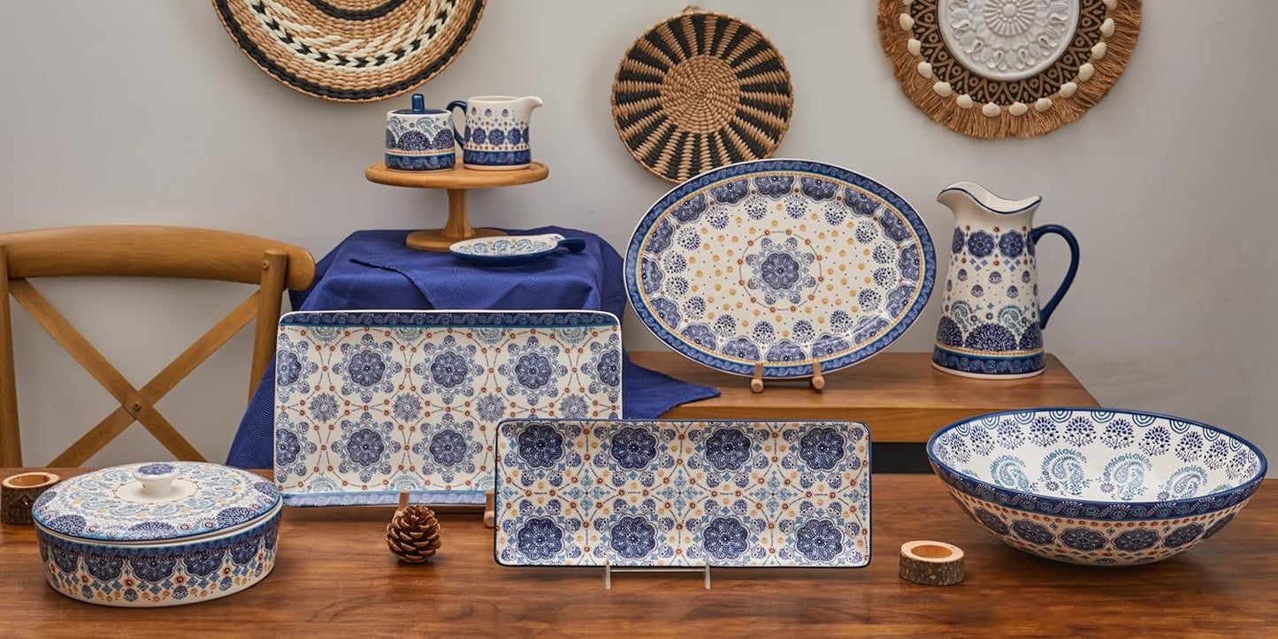 Bico Blue Talavera Ceramic 14 inch Rectangular Serving Platter, Set of 2, for Serving Salad, Pasta, Cheese, Ham, Appetizer, Microwave & Dishwasher Safe