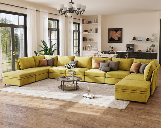 198.6" Oversized Modular Sectional Sofa, U Shaped Convertible Couch with Movable Ottoman, Large 10 Seats Corner Couches for Living Room Deep Seat Yellow Chenille