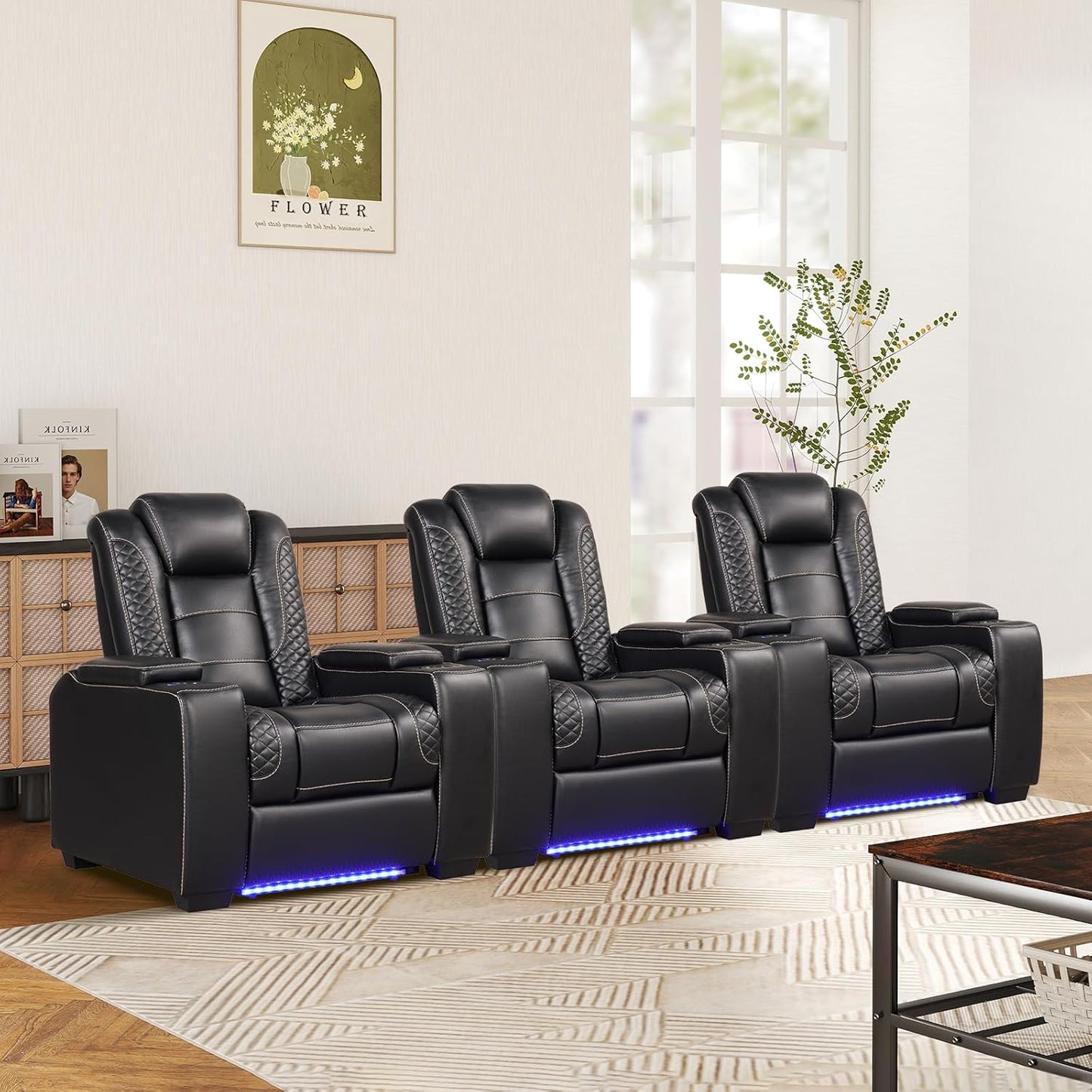 ANJ Power Theater Recliners Set of 3, Electric Home Theater Seating, Black Faux Leather Recliner with Adjustable Headrest, Movie Recliner Theater Chairs with LED,USB, Cup Holders, Hidden Arm Storage