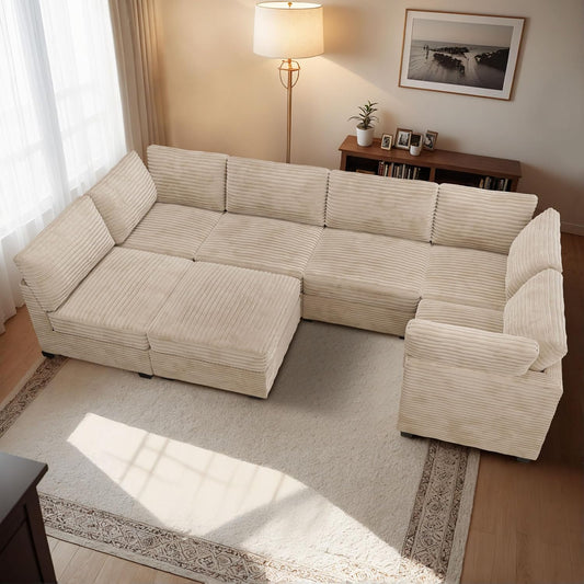 HOOOWOOO Modular Sectional Sofa,7 Pieces Sectional Couches for Living Room,131X66 U Shaped Cloud Couch with Ottoman Chaise Set(Beige Velvet Corduroy)