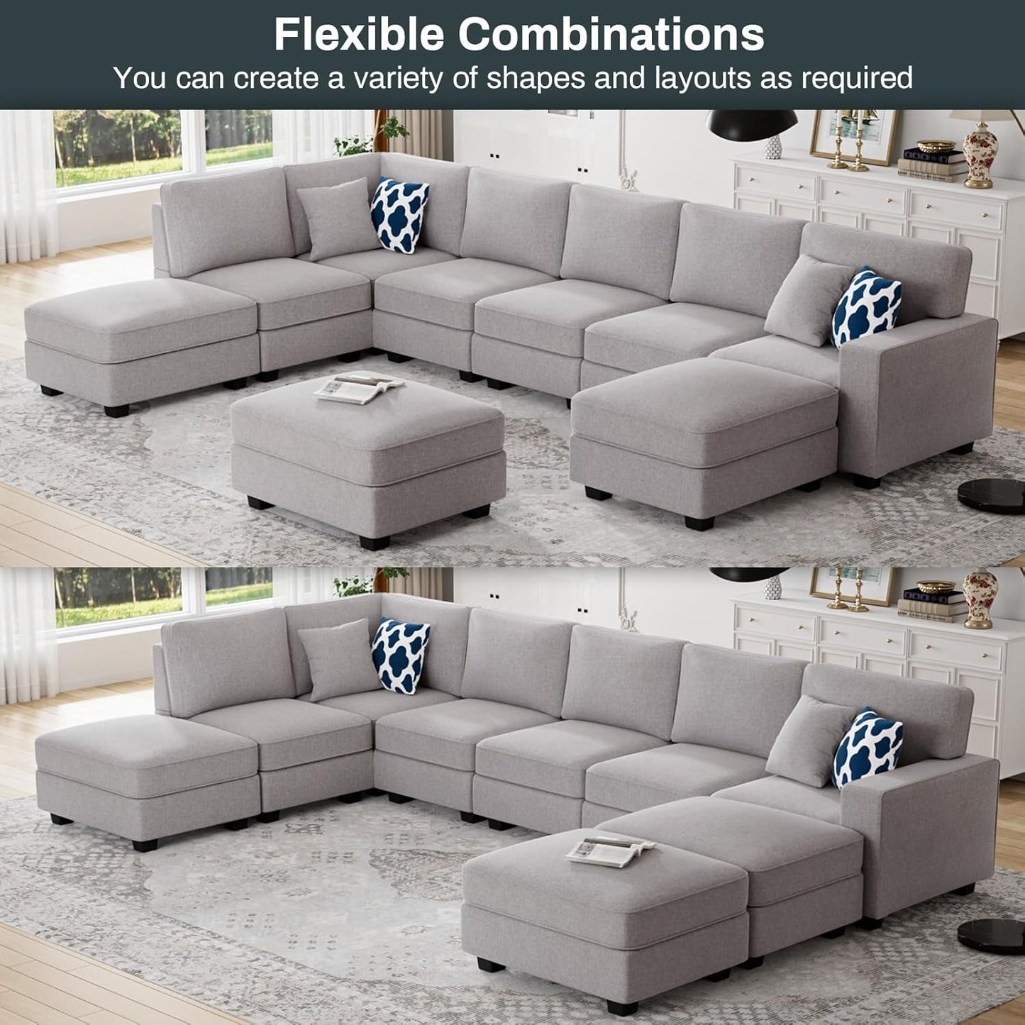 L Lengend Vansen Modular Sectional Sofa U Shaped Couch with Ottoman Modern Reversible Corner Sectional Couch for Living Room (Light Grey, U Shaped Sofa-4)