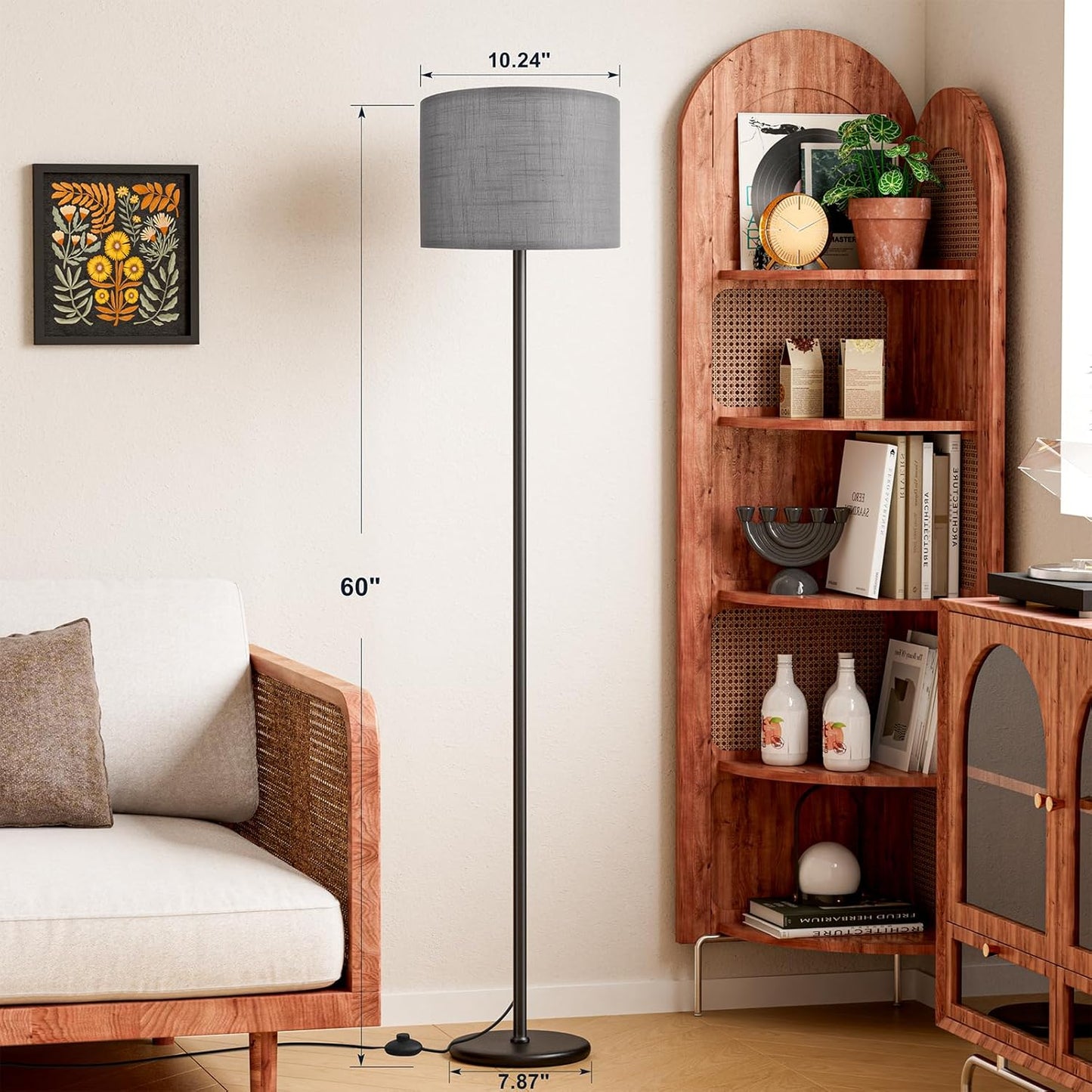 Ambimall 60'' Modern Floor Lamp with Shade, Tall Lamps for Living Room, Bedroom, Office, Dining Room, Linen Grey Shade with Black Pole(Without Bulb)