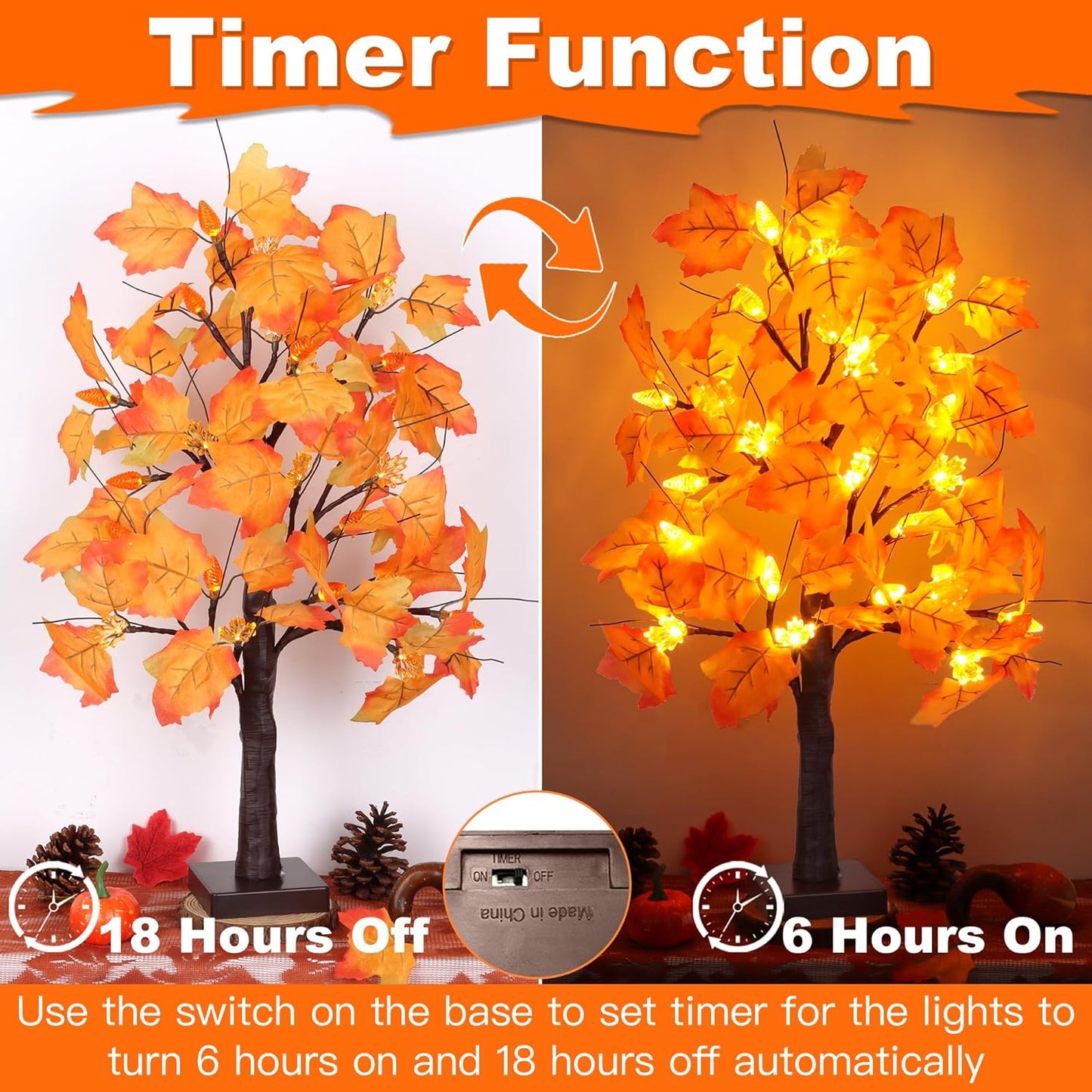 2 Pack 24 Inch Prelit Fall Maple Tree Fall Decor with 48 LEDs Timer Battery Operated Artificial Fall Light Up Tree Maple Acorn for Fall Thanksgiving Decorations Table Home Office Indoor Autumn Harvest