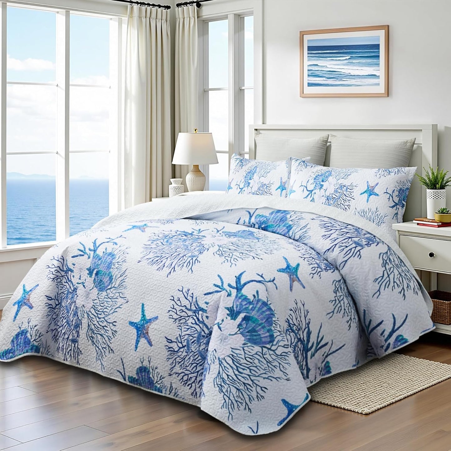 Coastal Bedding King Size Coastal Quilt with 2 Shams, Nautical Beach Comforter Sets Ocean Bedspreads Blue Starfish Coverlet Summer Bedding, 96''x106''