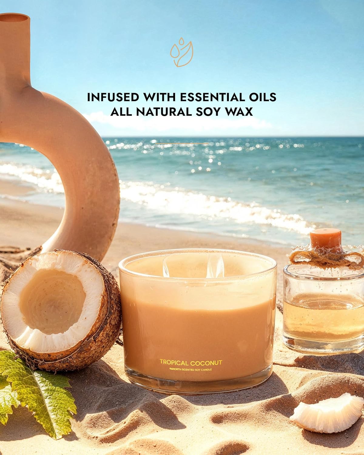 96NORTH Luxury Coconut Soy Candle | Large 3 Wick Jar Candle | Up to 50 Hours Burning Time | Tropical Beach Scented Candles for Home | 100% Natural Soy Wax | Housewarming Gift for Women and Men
