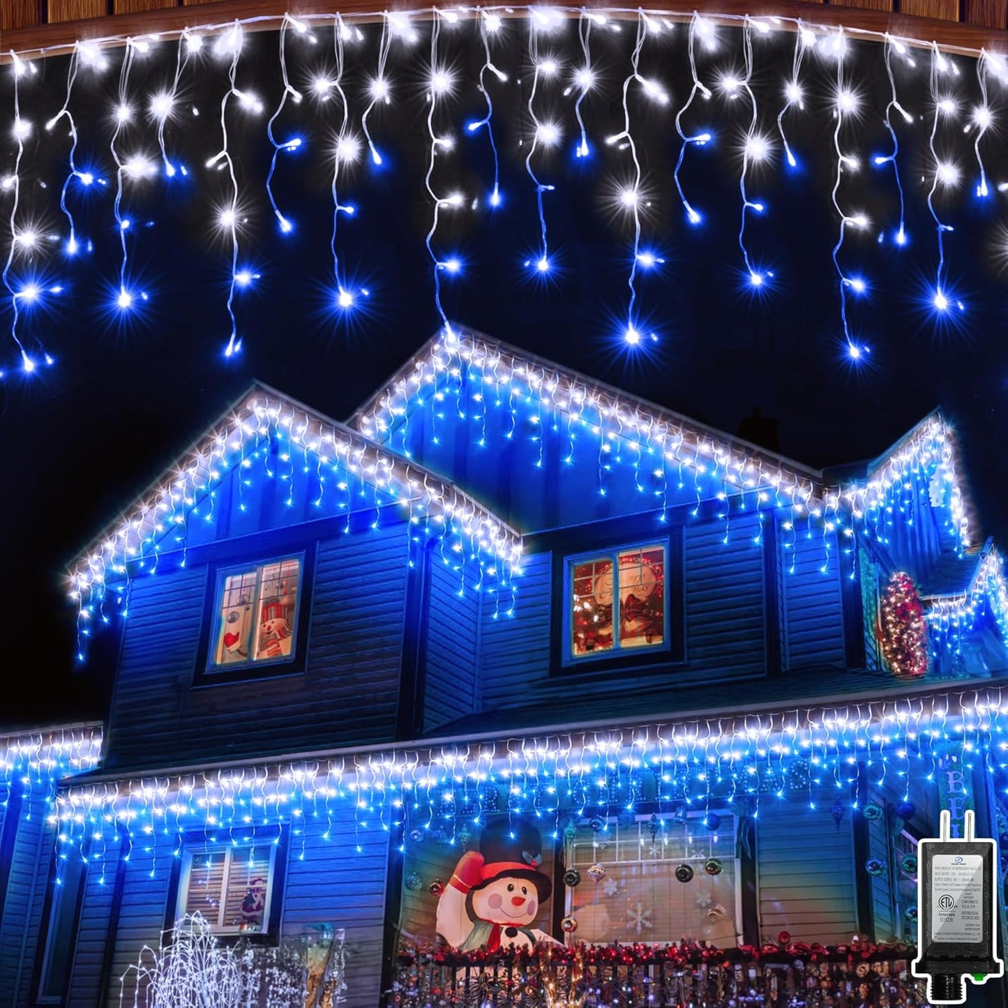 1296LED Christmas Lights with 288 Drops, 131ft 8 Modes Christmas String Lights Outdoor, Waterproof Christmas Decorations Fairy Lights with Timer Memory for Party Patio Window Fence Blue & CoolWhite