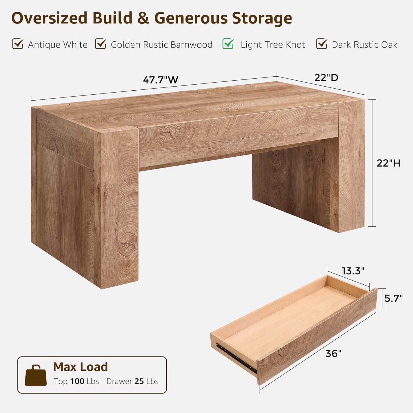 OKD 48" Modern Farmhouse Coffee Table, Wooden Living Room Table with Hidden Storage Drawer, Rustic Rectangular Center Tables w/Wood Thick Design for Living Room, Office, Light Knotty Wood