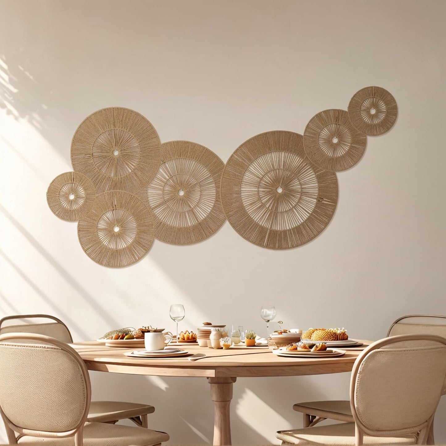 Mokof 7 Pack Boho Wall Decor Round Baskets Set (Small 7" to Largest 17") - Handwoven Large Wall Hanging Art for Bedroom, Living Room, Home Office