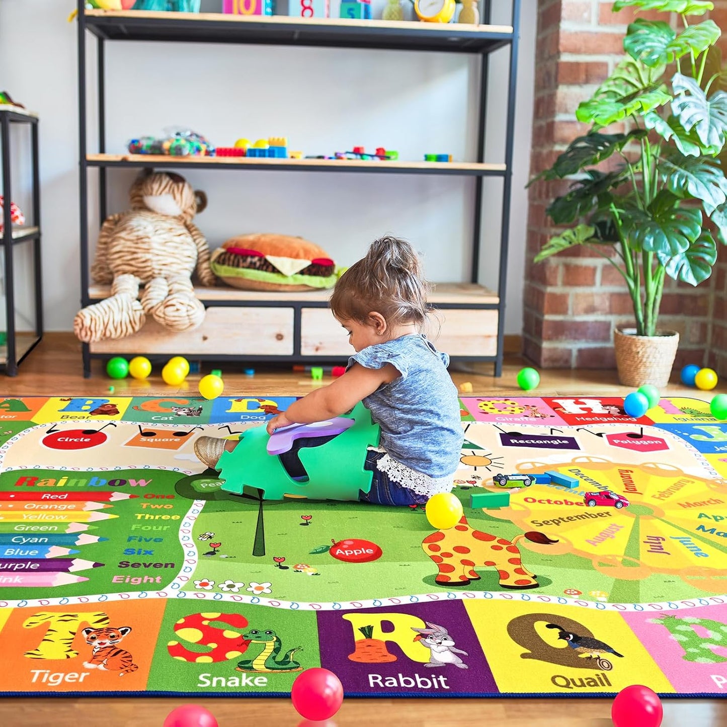 9x12 Washable Area Rug, Educational and Fun Kids Rug for Classroom Playroom Living Room Bedroom, Learning and Safe Playmat with ABC Alphabet Animals,Baby Toddler Children Play Mat