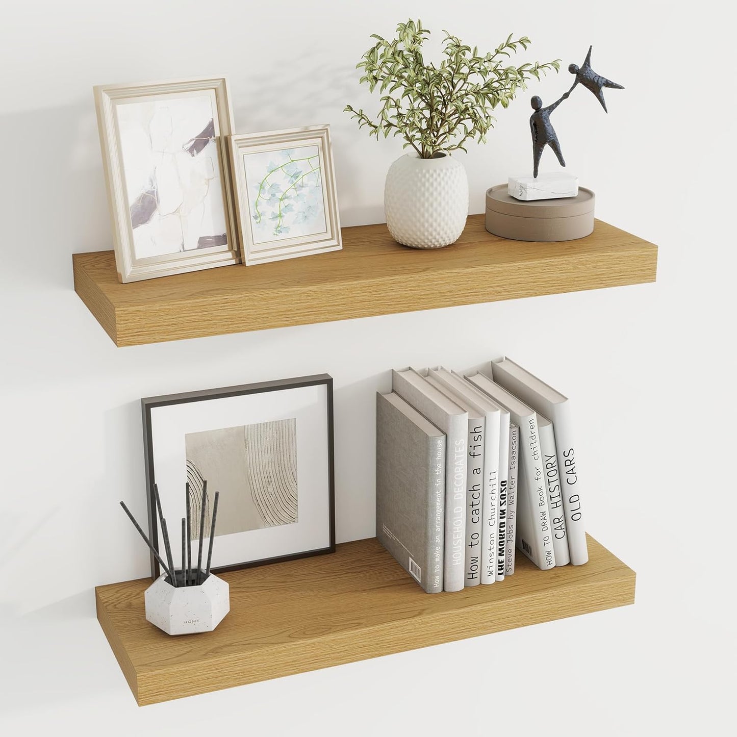 24 inch Floating Shelves Long Floating Shelves for Wall Large Wall Mounted Shelves with Invisible Brackets, Oak Shelves for Bathroom, Living Room, Kitchen, Office, 24x6.7 inch deep Set of 2