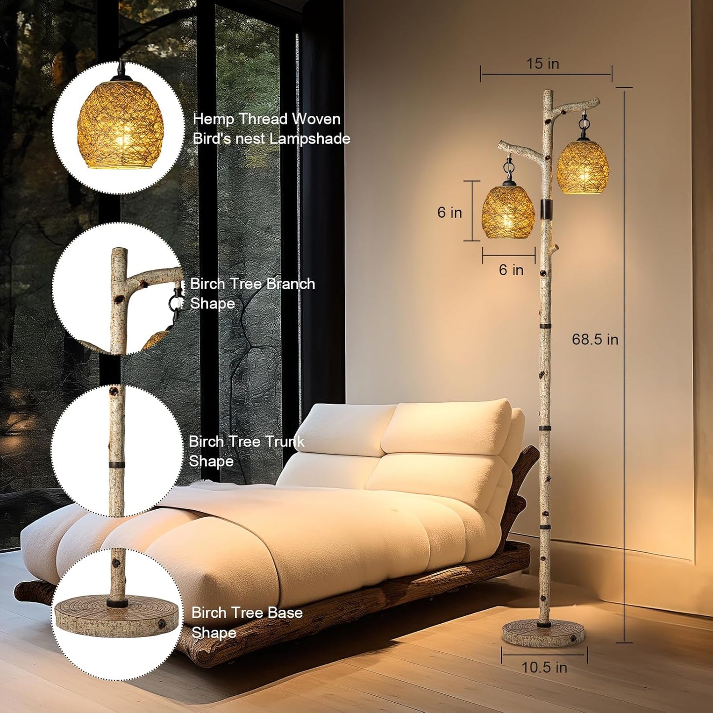 68.5" Rustic Farmhouse Remote Control Switch Birch Tree Floor lamp with Bird Nest Lantern Shade Vintage Standing Lamp for Living Room Bedroom Hotel Bar Office Wood House(Bulb Included)