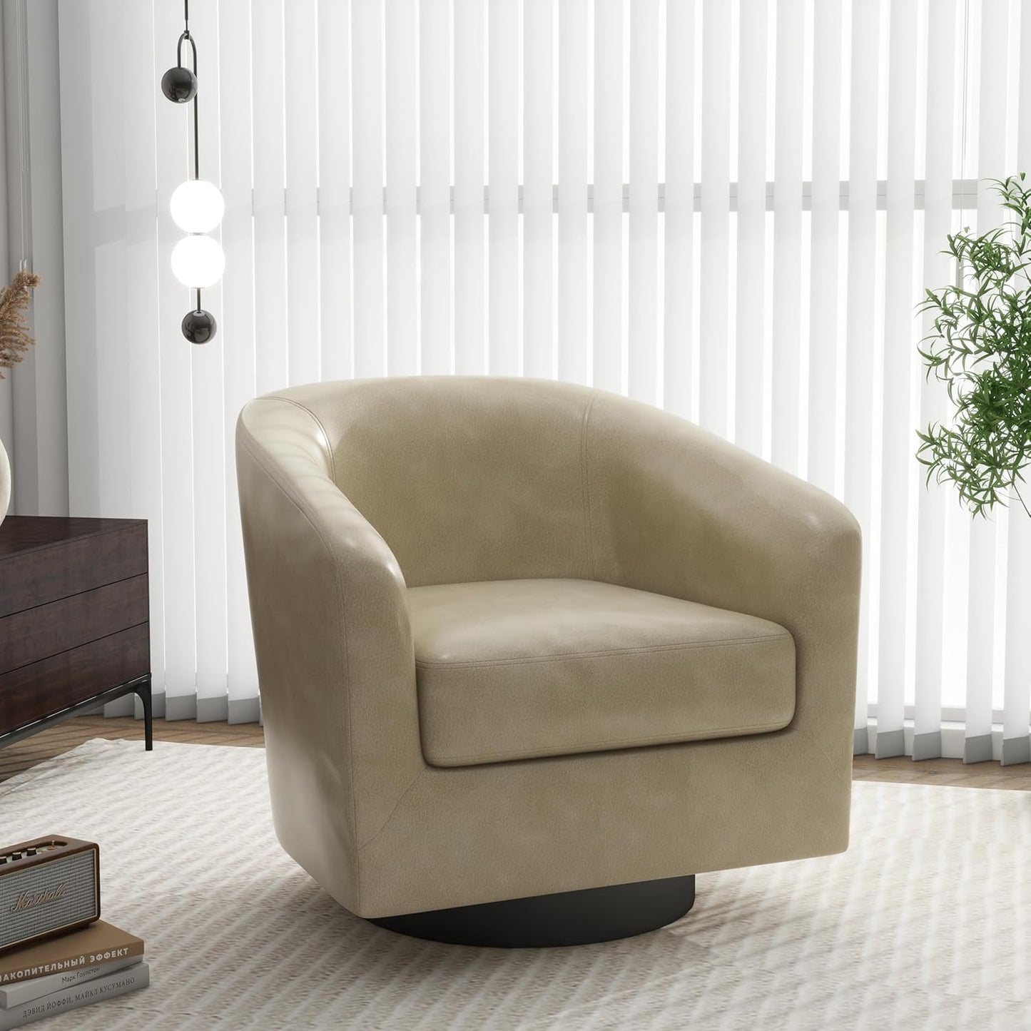 Swivel Barrel Accent Chair, Modern Round Faux Leather Arm Chair for Living Room, Bedroom, Comfy Club Reading Chairs for Adults, Faux Leather, Cream, Set of 1