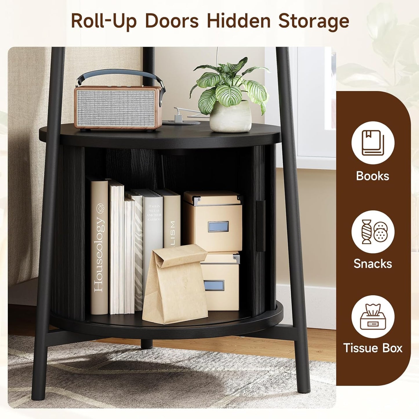 Round Side Table with Storage, Fluted Nightstand with Charging Station, Small Mid-Century Modern Bedside Tables, Black End Tables for Small Space Living Room Bedroom Sofa Couch