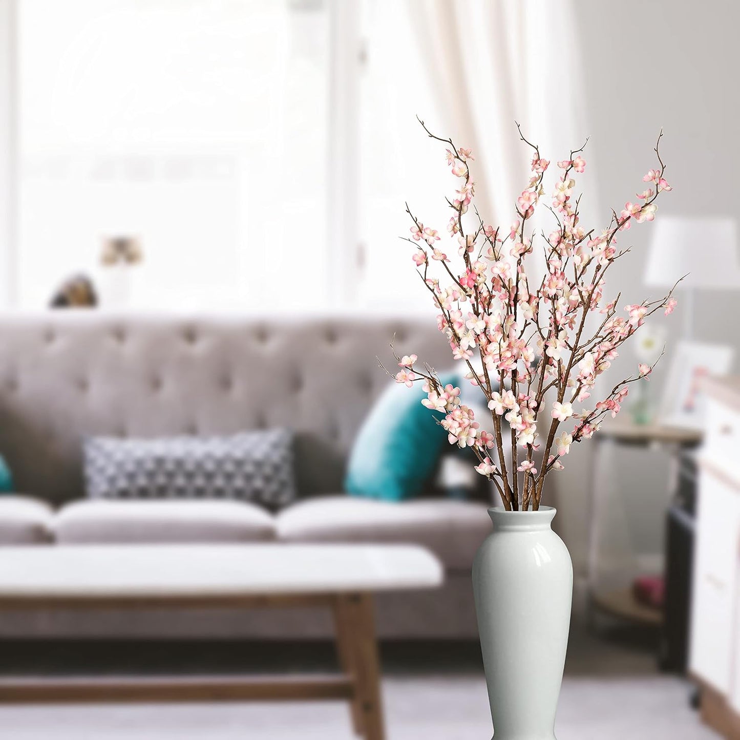 4Pcs Cherry Blossom Branches Artificial Flowers for Spring Summer Indoor Decoration,Faux Long Stem Artificial Flowers for Wedding Home Office Bedroom Party Table Centerpieces Decor (Pink)