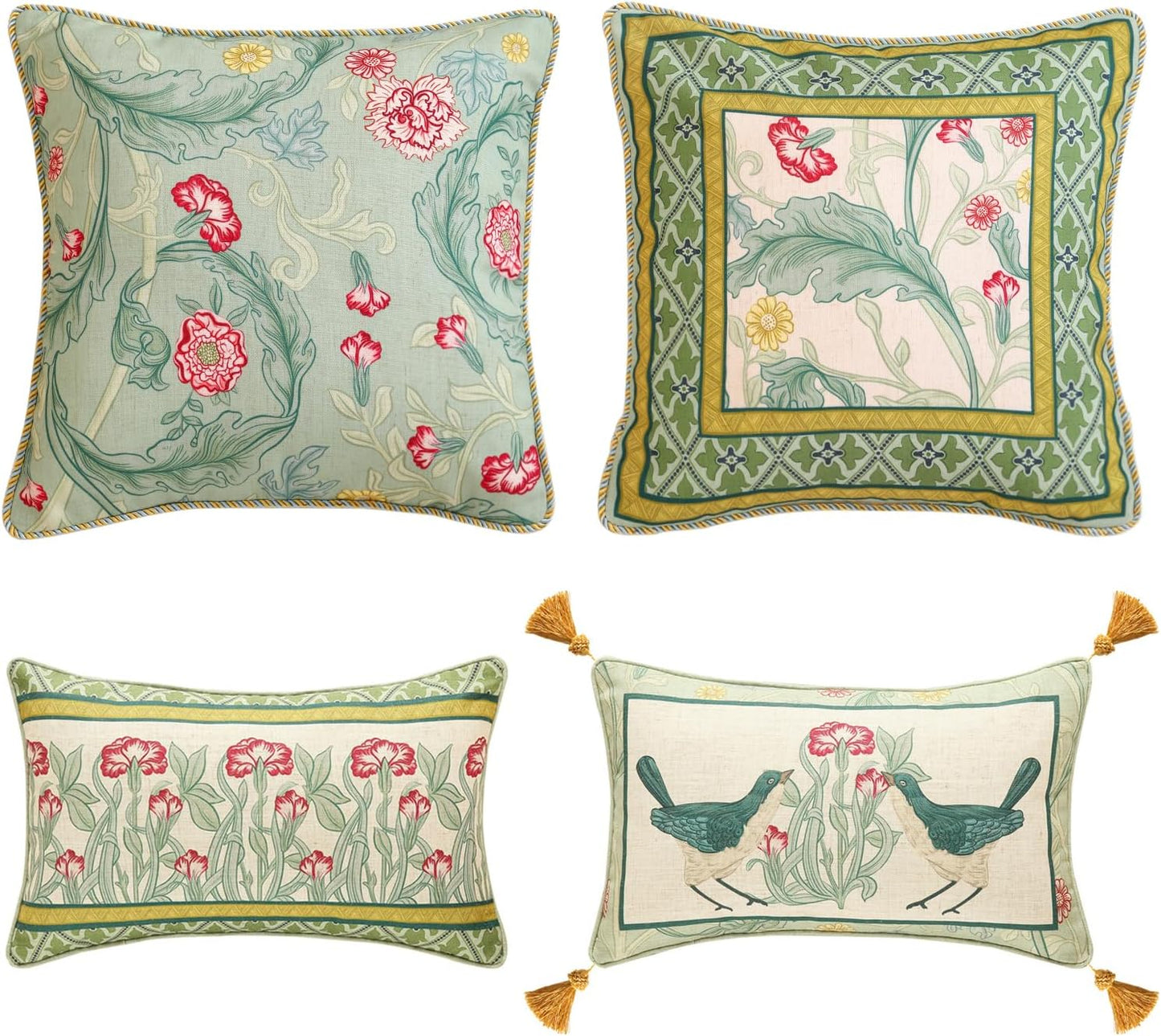 patdrea Designer Pack of 4 Throw Pillow Covers,French Vintage Rustic Linen with Green Floral Pattern Pillows Cover,Decorative Lumbar Square Pillowcases Cushion for Bed Living Room Outdoor Car