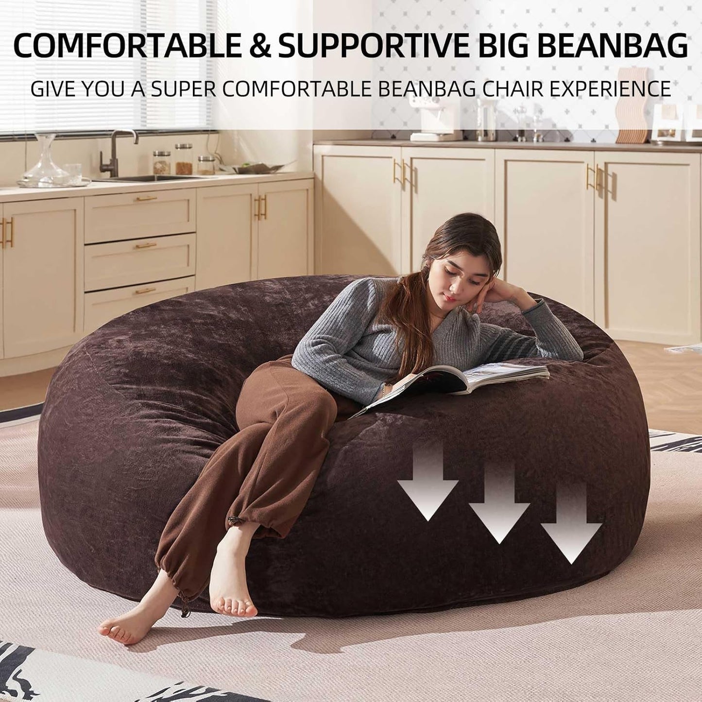 Bean Bag Chair 6Ft, Memory Foam Filled, Large Beanbag Chairs for Adults and Teens, Soft Sofa with Removable Flannel Cover, Round Couch for Living Room Bedroom College Dorm (Brown, 6FT-67×67"×24")